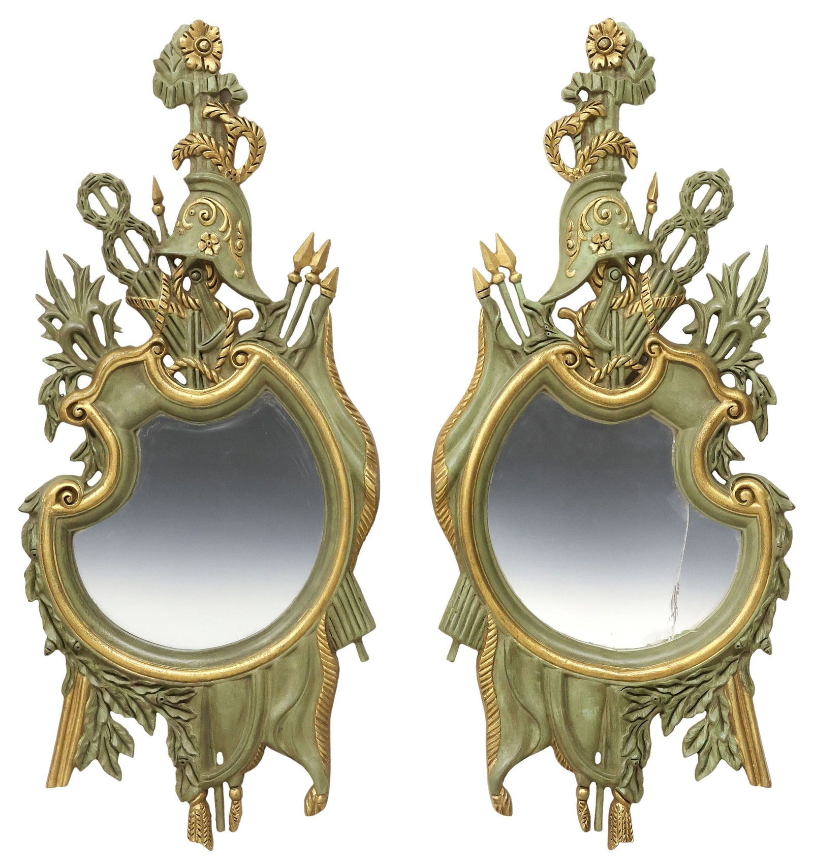 (2) LARGE PARCEL-GILT & PAINTED WOOD SHIELD FORM WALL MIRRORS, 42"H (1 of 4)