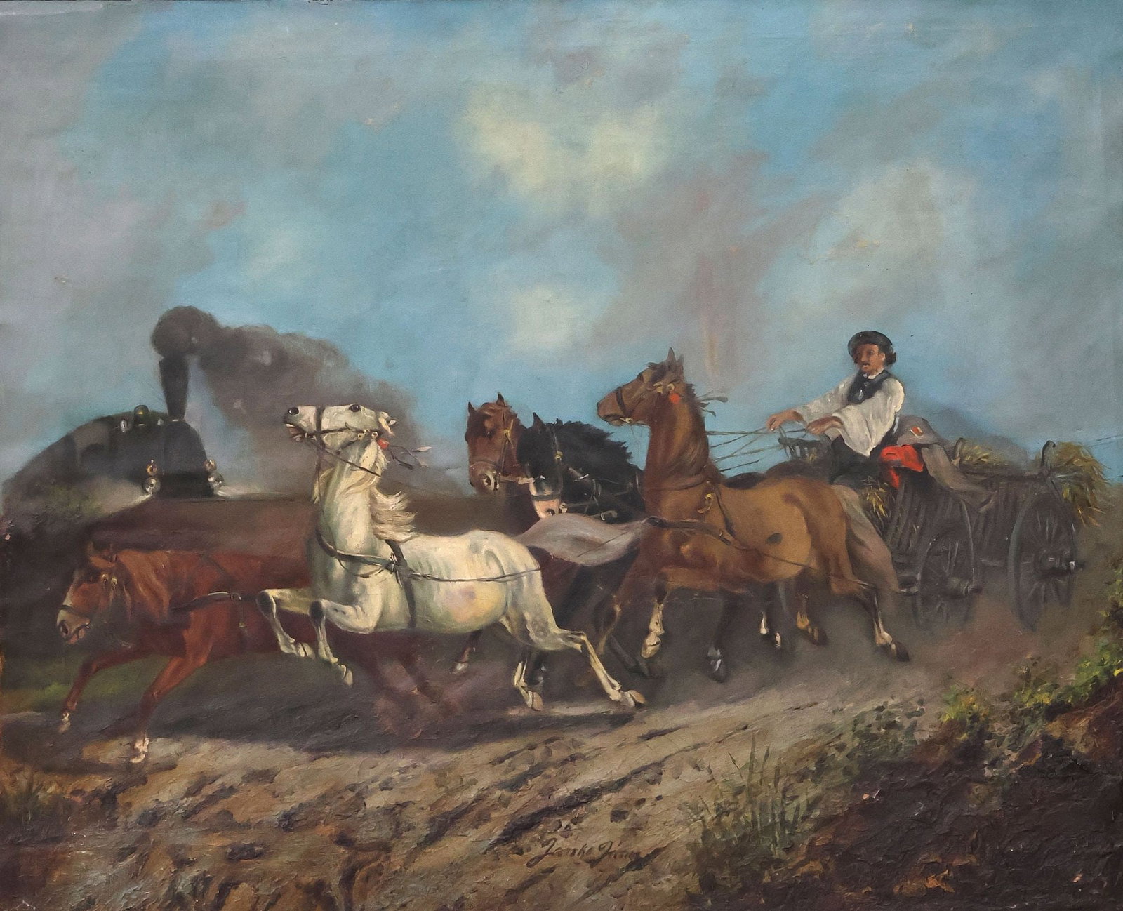 JANOS JANKO (HUNGARIAN, 1833-1896) PAINTING, STAMPEDE OF HORSES: Framed oil on canvas painting, Stampede with Horse-Drawn Cart and Locomotive, signed lower center Janko, Janos (Janos Janko, Hungarian, 1833-1896), re-lined in burlap, ill-fitting at left-hand side wi