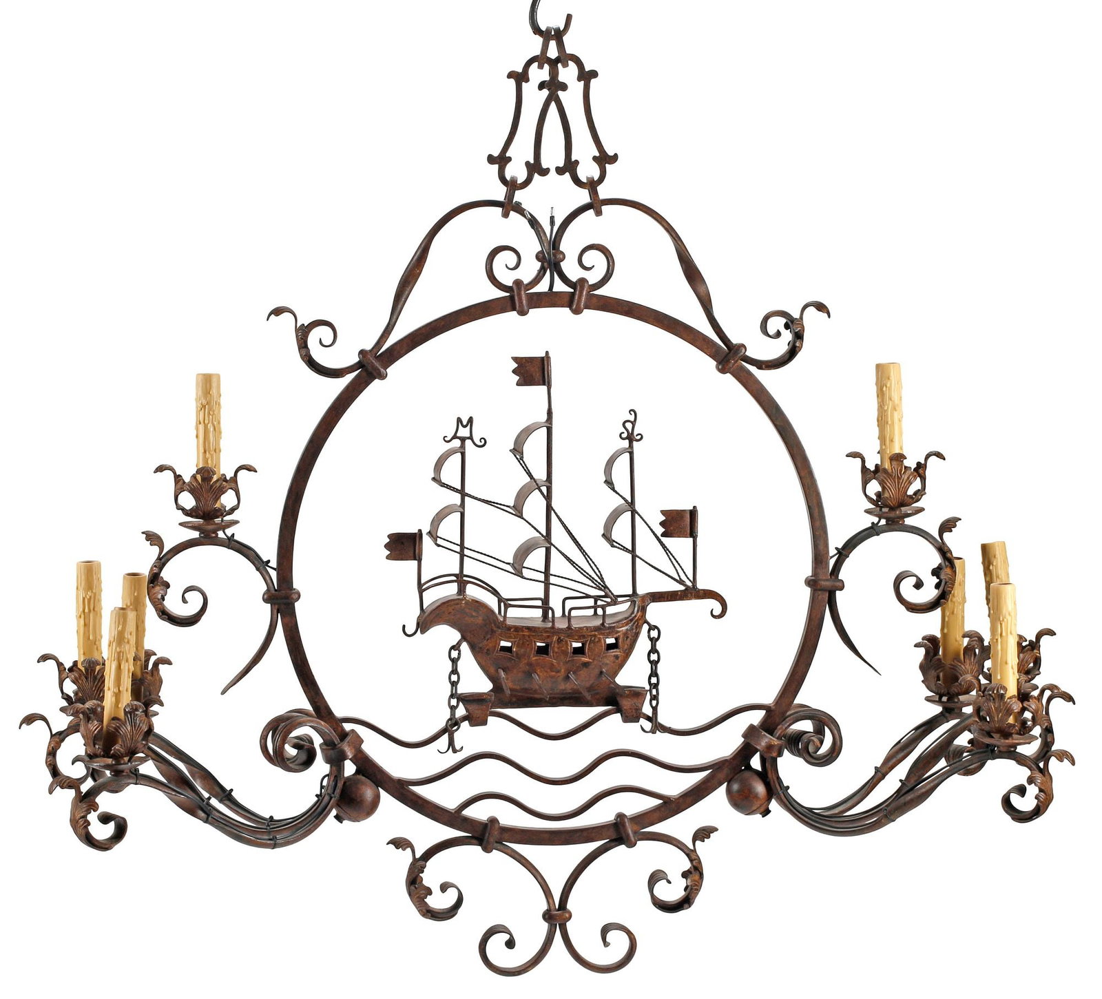 SPANISH STYLE WROUGHT IRON & TOLE SAILING SHIP 8-LIGHT CHANDELIER (1 of 6)