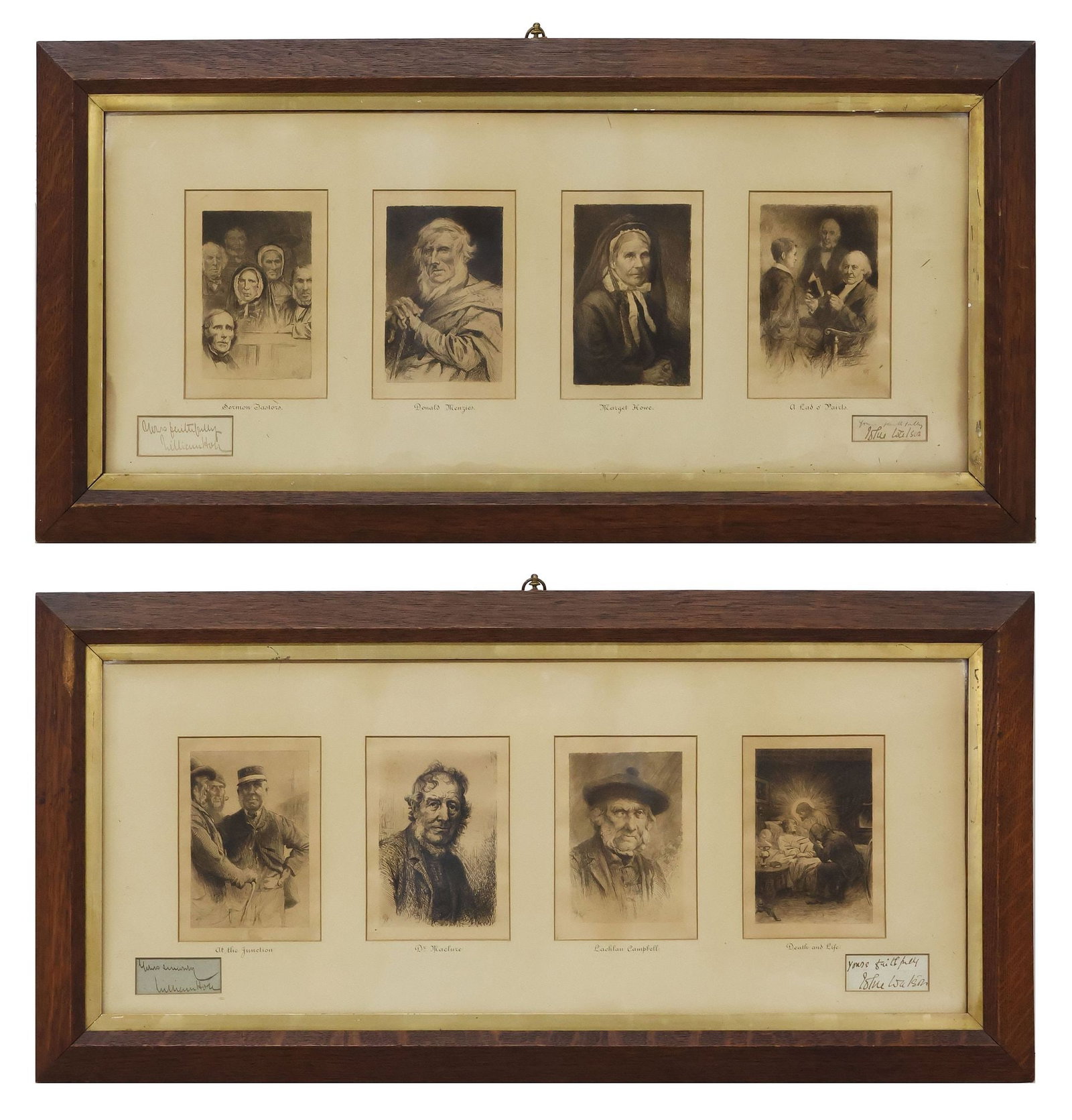 (2) WILLIAM HOLE (ENGLISH, D.1907) ETCHINGS FROM IAN MACLAREN'S 'BESIDE BONNIE BRIER': (lot) Framed drypoint etchings on paper, by William Brassey Hole (English, 1846-1917), total of eight prints housed in two stained oak frames, originally published in "Beside the Bonnie Brier Bush," b