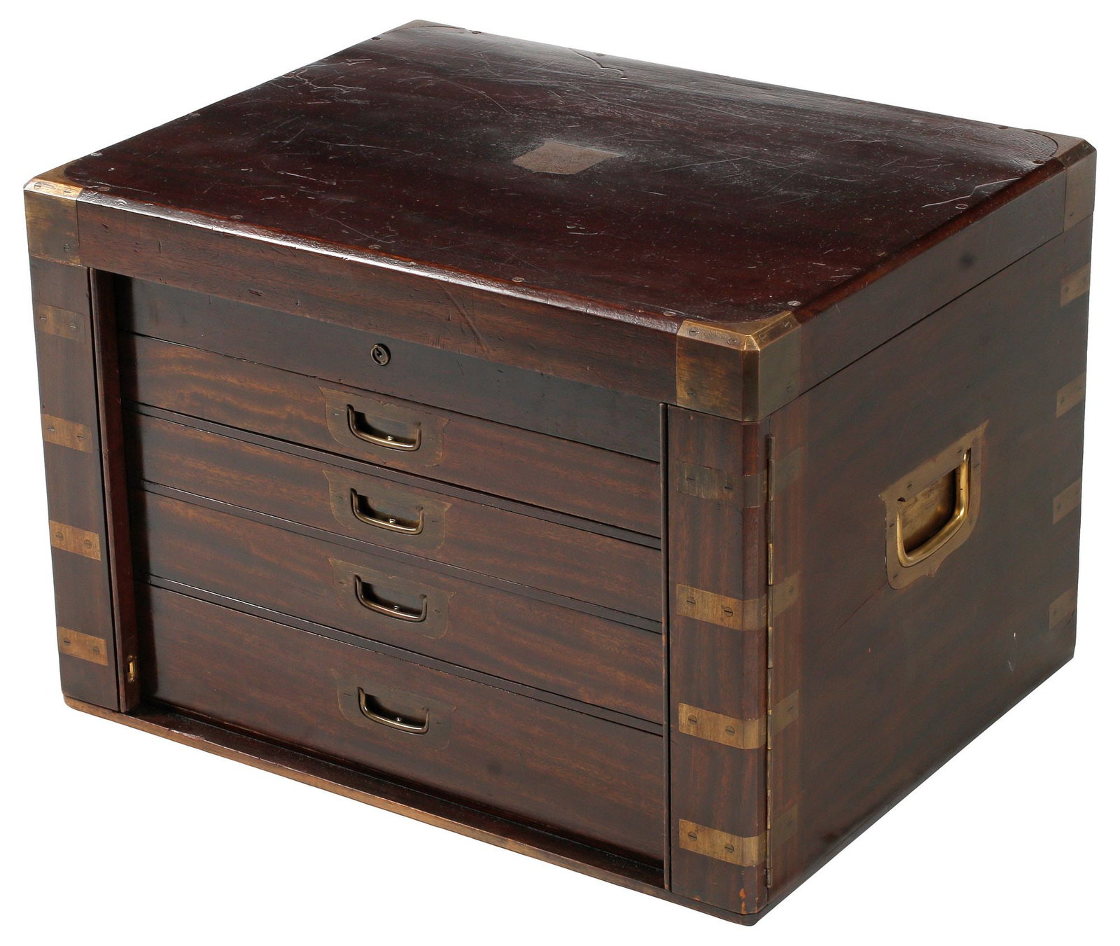 LARGE ENGLISH-STYLE BRASS-MOUNTED MAHOGANY FITTED FLATWARE BOX (1 of 3)