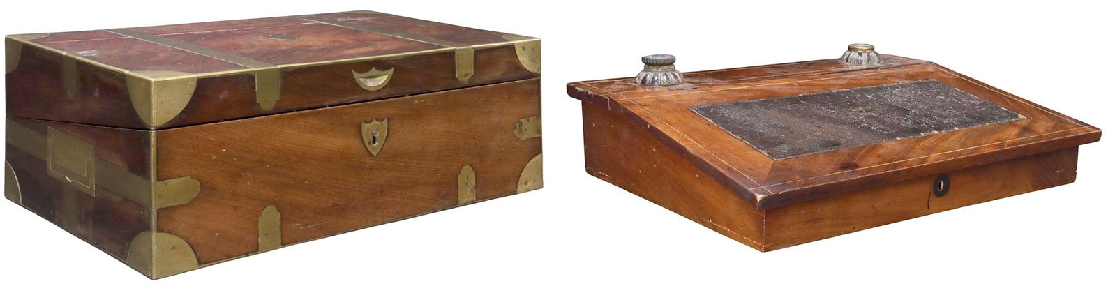 (2) ENGLISH BRASS-BOUND MAHOGANY TRAVEL DESK & LEATHER-TOP WRITING SLOPE (1 of 11)