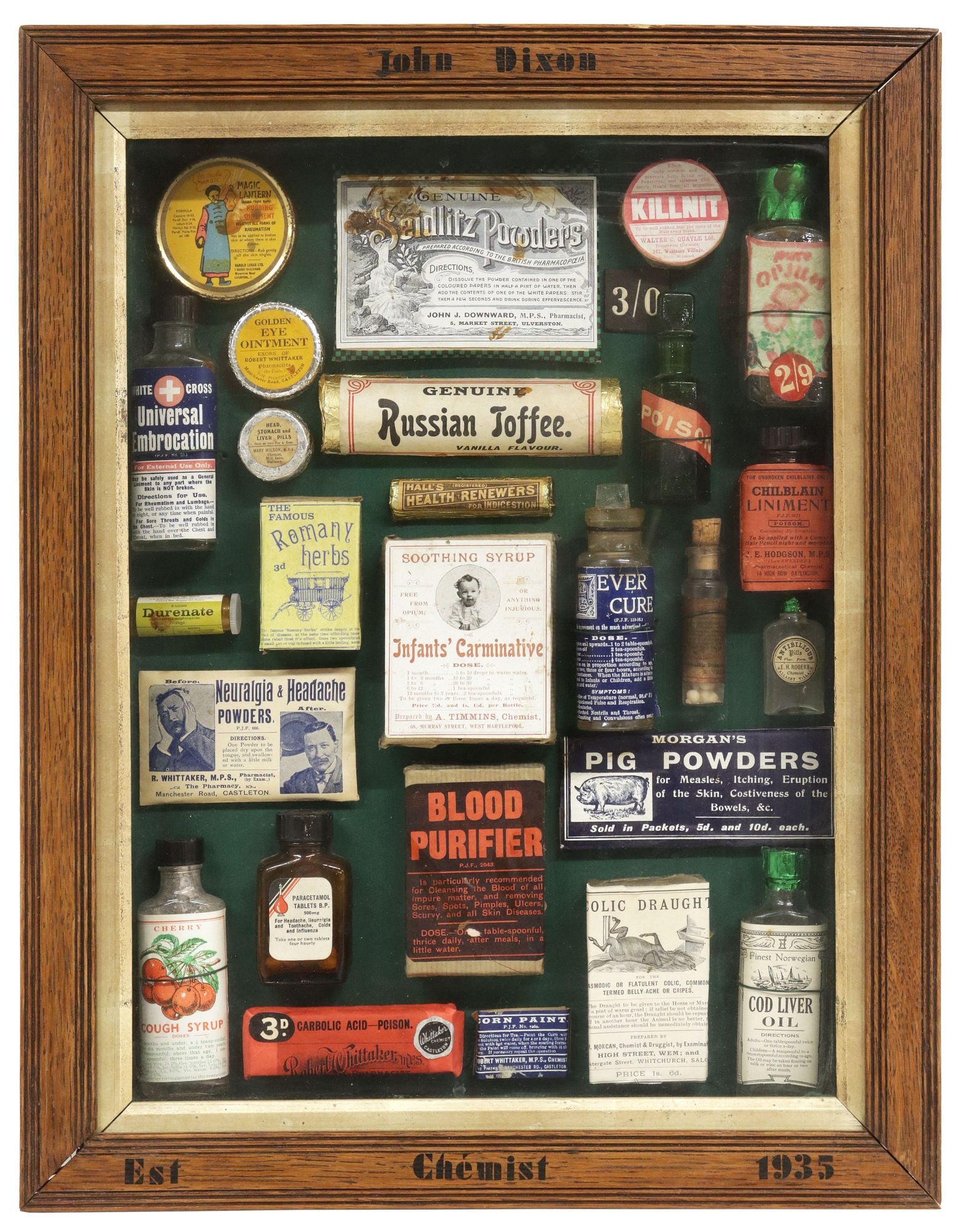 DECORATIVE COLLECTION OF ENGLISH PHARMACY ITEMS IN SHADOWBOX (1 of 5)