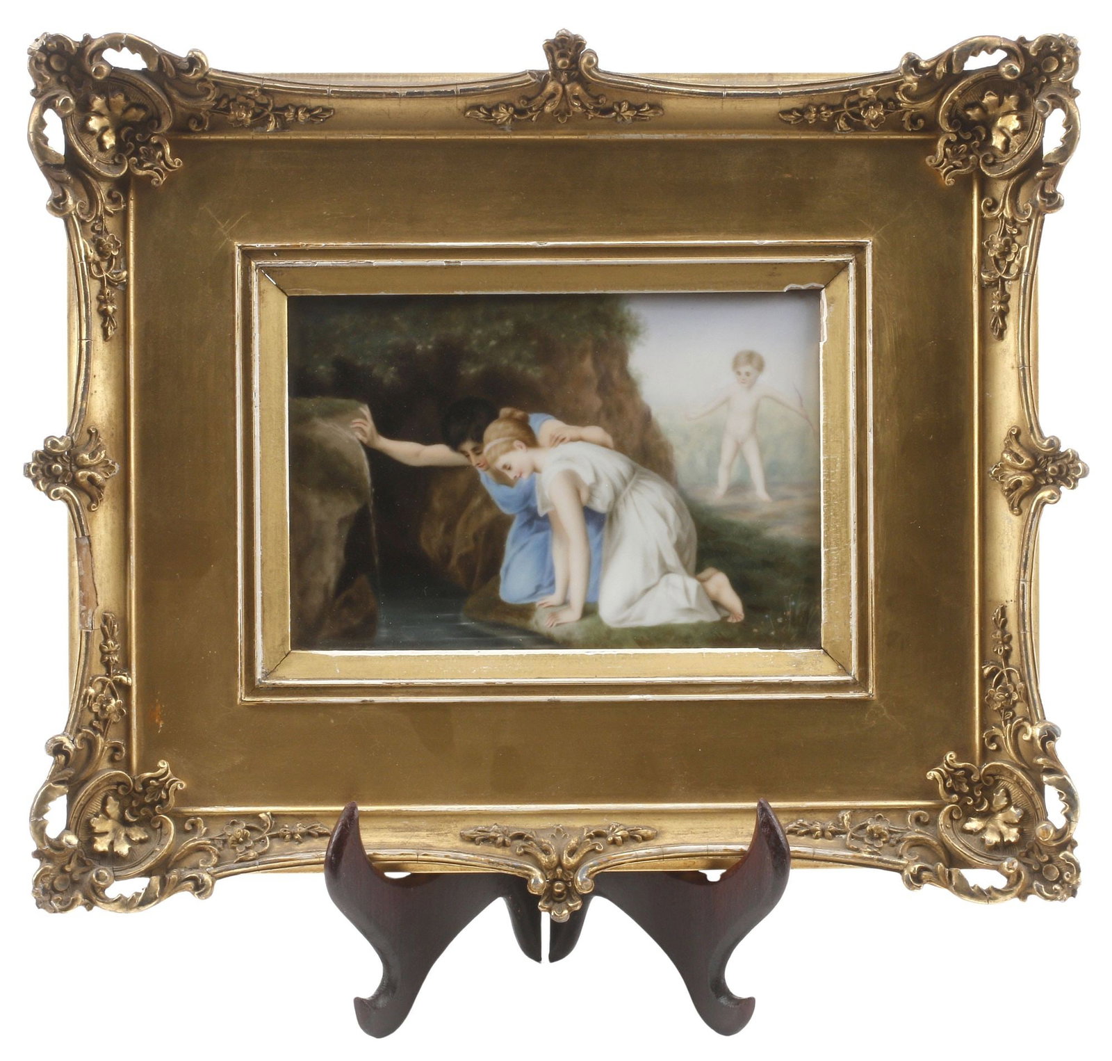 FRAMED CONTINENTAL PORCELAIN PLAQUE, 'COMING LOVE', MAIDENS & CUPID (1 of 7)