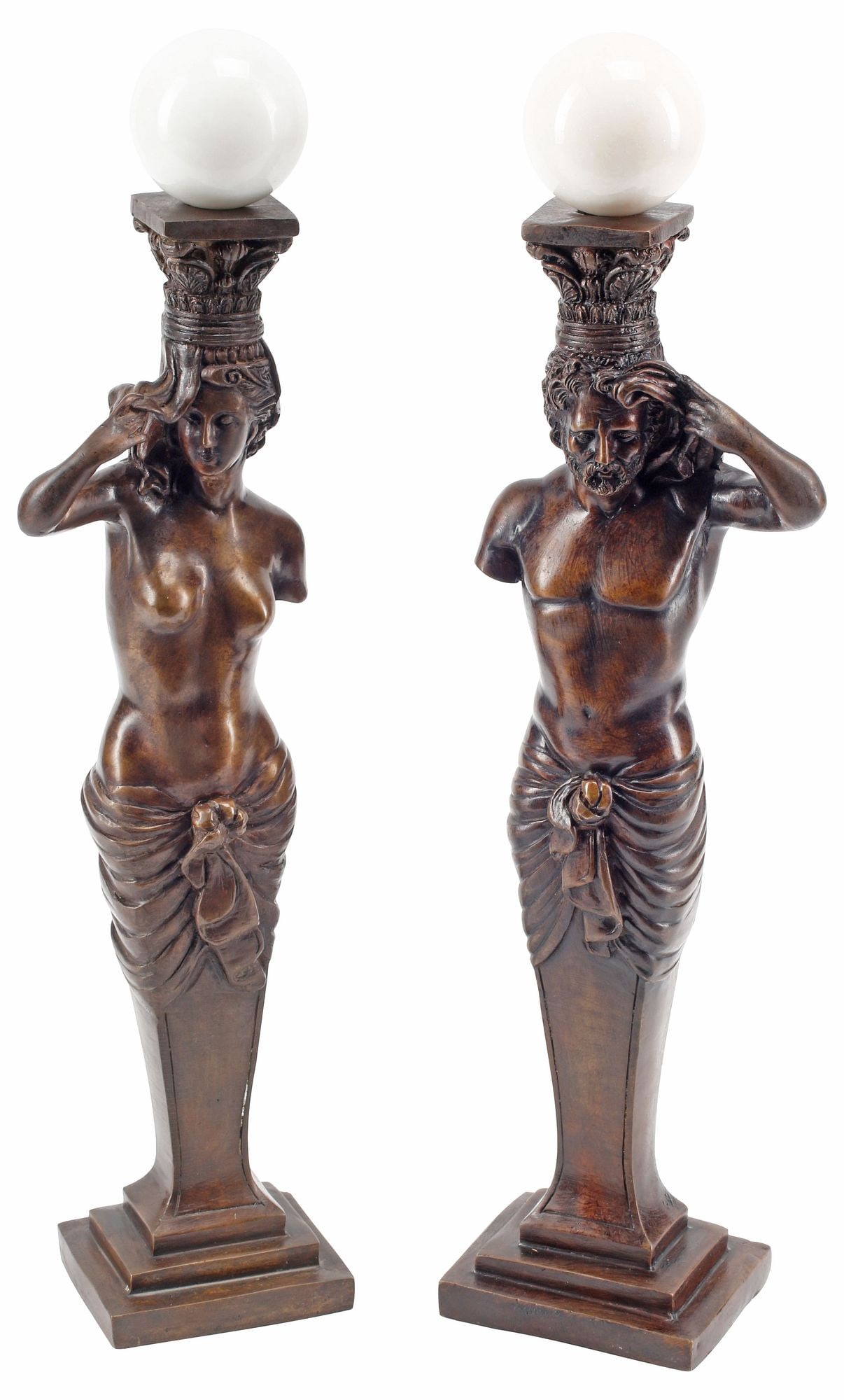 (2) GRAND TOUR STYLE FIGURAL CARYATID PEDESTALS & WHITE STONE SPHERES: (pair) Grand Tour style patinated bronze figural columns, modeled as a caryatid and atlante, each supporting a foliated capital, surmounted by a polished stone sphere, draped figures, rising on steppe