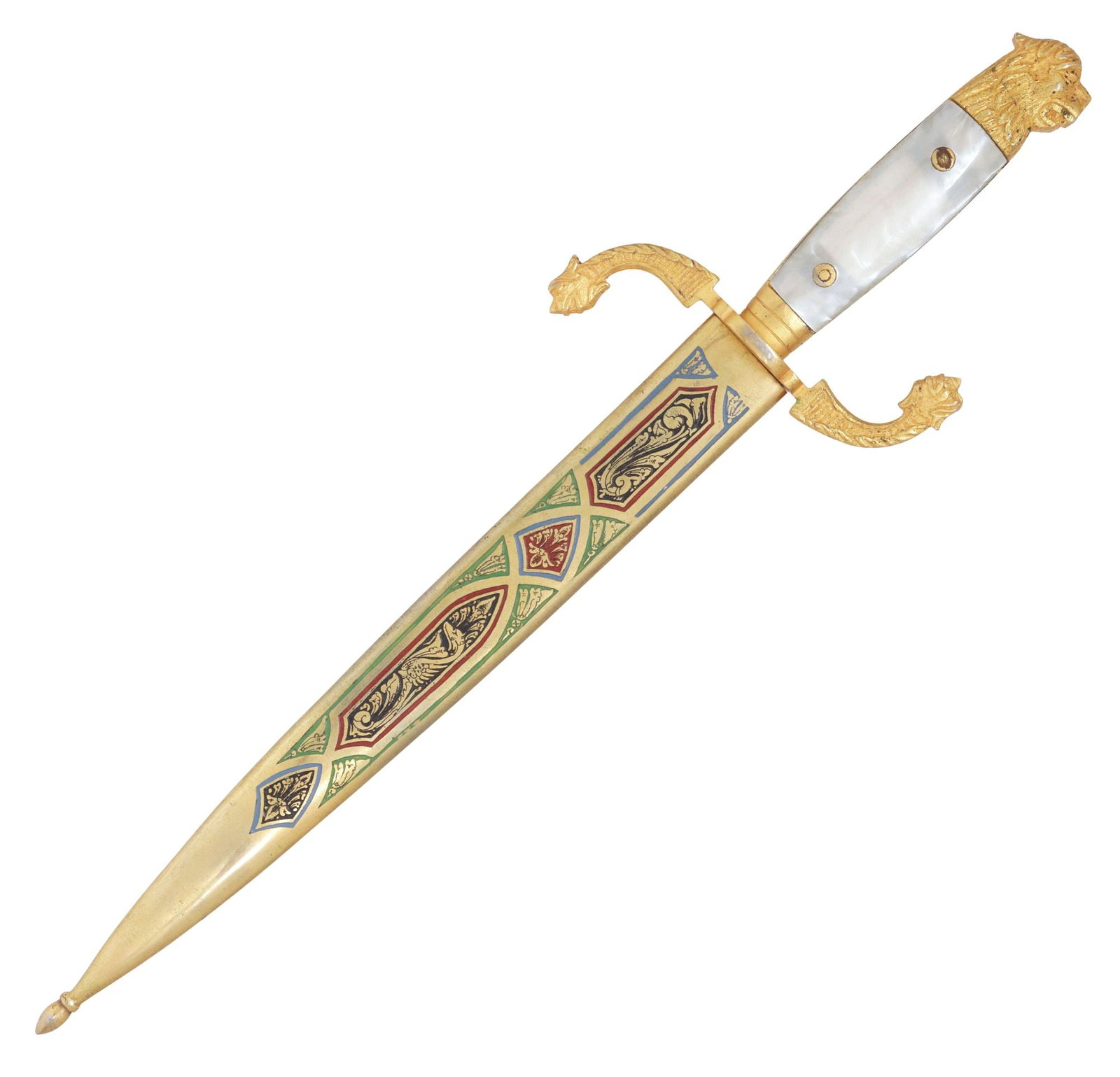 VINTAGE TOLEDO DAGGER LETTER OPENER: Spanish letter opener formed as a dagger, last half 20th c., having a 9.25" steel blade with foliate decoration and marked Toledo, an S form brass guard with each side terminating in an animal head, a