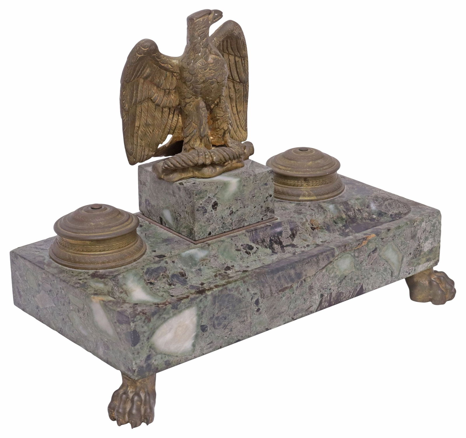 EMPIRE STYLE GILT-METAL EAGLE & MARBLE DOUBLE-INKWELL DESK STAND (1 of 4)