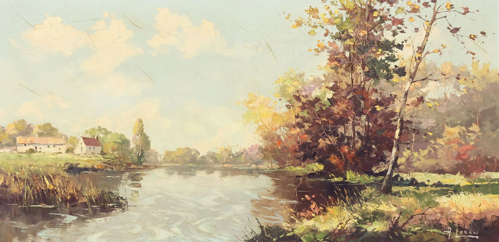 SIGNED A. LORAN IMPRESSIONIST PASTORAL RIVERSIDE LANDSCAPE PAINTING (1 of 4)