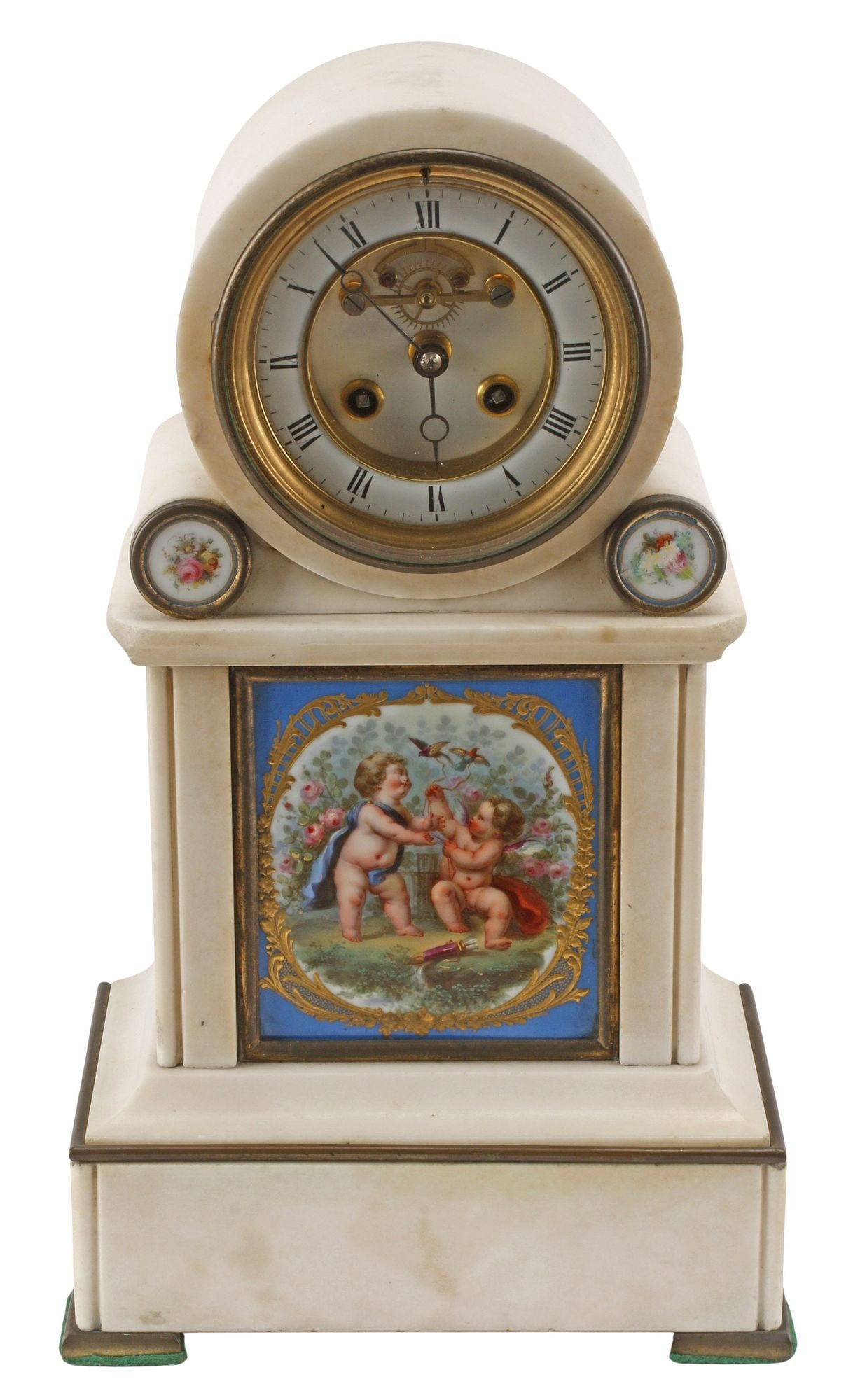 LOUIS XVI STYLE PORCELAIN-INSET WHITE MARBLE MANTEL CLOCK (1 of 6)