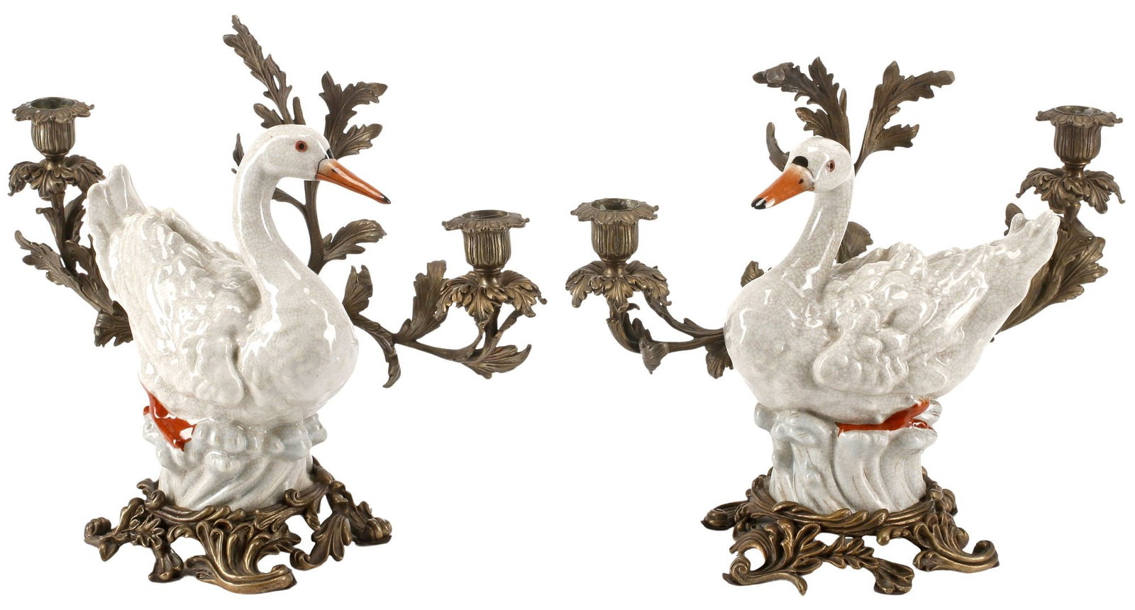 (2) LOUIS XV STYLE ORMOLU & PORCELAIN SWAN 2-LIGHT CANDELABRA: (pair) Louis XV style bronze dore and porcelain two-light candelabra, each having scrolling foliate frame with floriform bobeches, centering a seated swan, approx 11"h, 13"w, 5"d, 10.5lbs total
