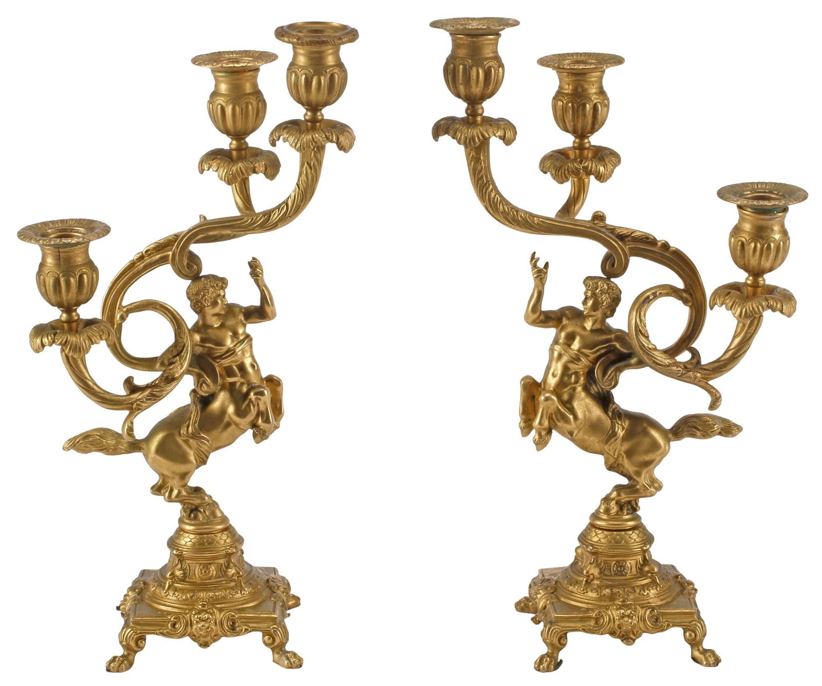 (2) ITALIAN ROCOCO STYLE ORMOLU FIGURAL CENTAUR 3-LT CANDELABRA: (pair) Italian Rococo style bronze dore three-light candelabras, 19th c., scrolling foliate arm terminating on urn-form bobeches, above a rearing centaur, rising on scrolled paw feet, approx 14"h, 8"w