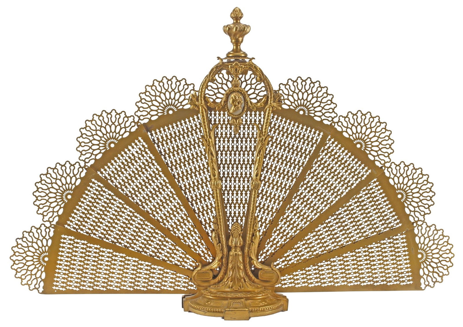 LARGE LOUIS XVI STYLE ORMOLU FOLDING FAN FIREPLACE SCREEN, 27"H: Large Louis XVI style bronze dore fireplace screen, having turned-form finial, above folding fan screen with pierced panels, centering oval portrait plaque, rising on cast base, closed: approx 27"h, 9