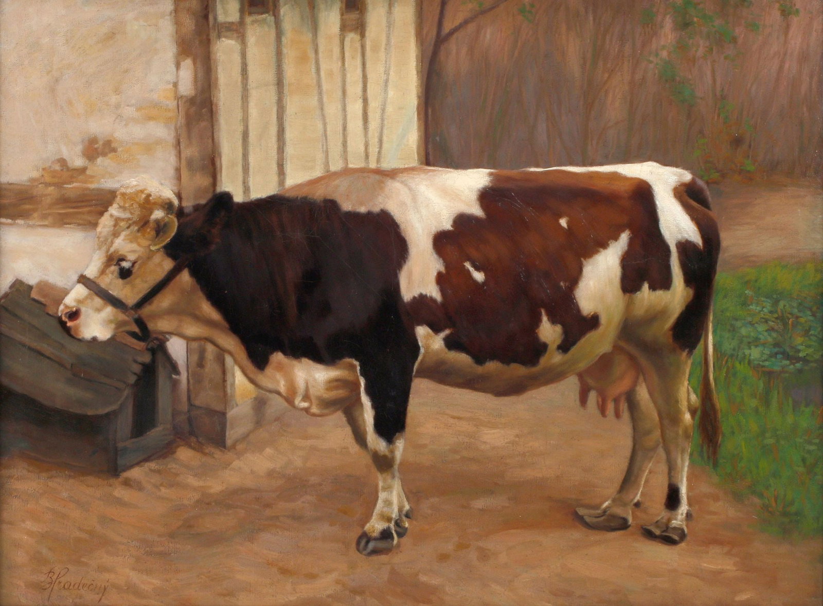 BASIL BRADLEY (ENGLISH, 1842-1904) OIL PAINTING, COW AT A BARN (1 of 5)