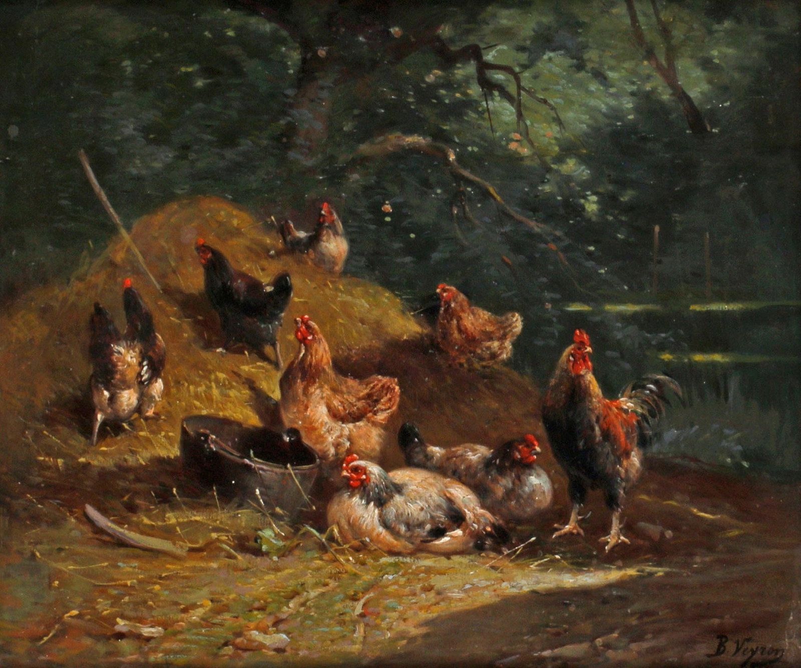 SIGNED B. VEYRON OIL PAINTING, CHICKENS & ROOSTER IN HAY PILE (1 of 6)