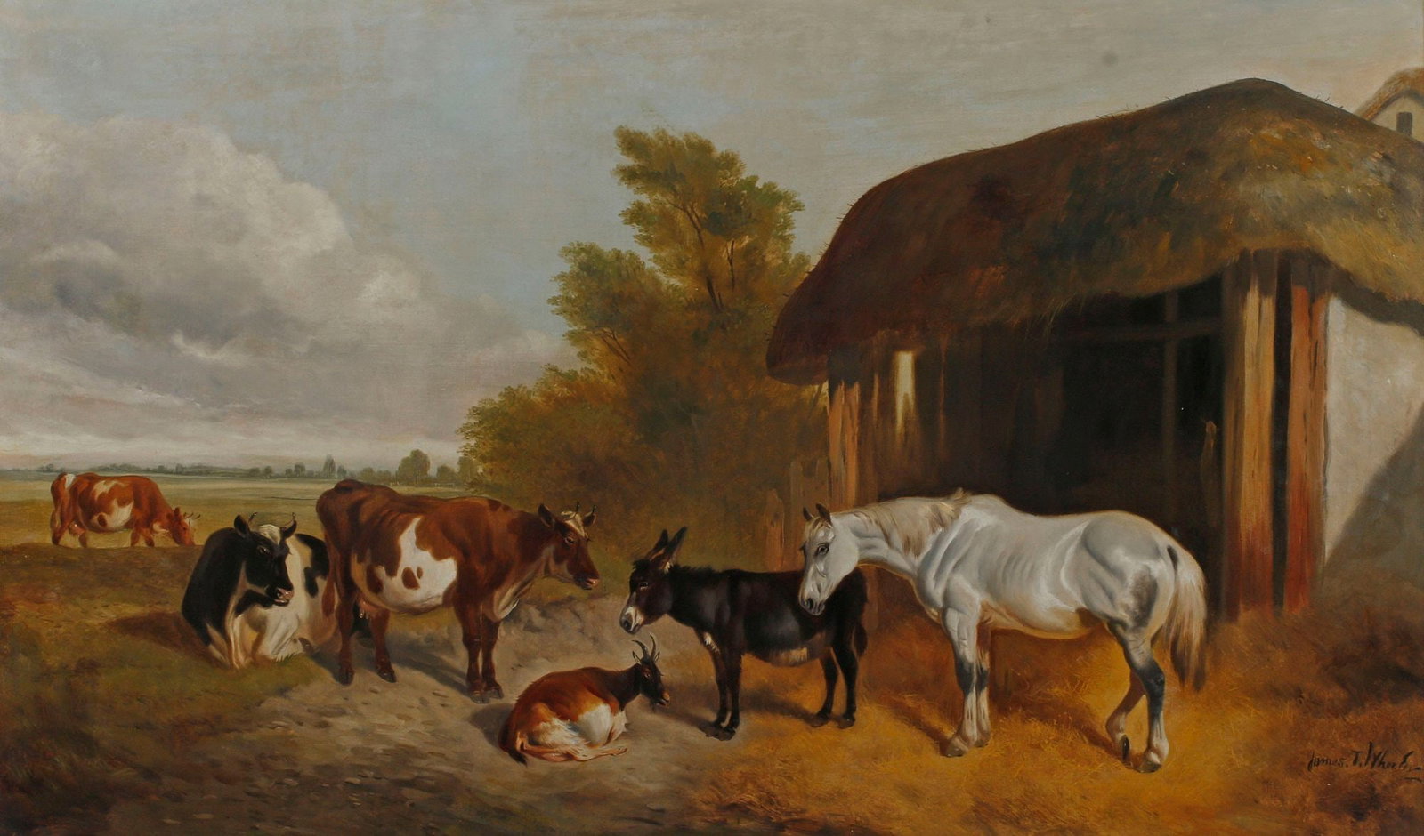 JAMES THOMAS WHEELER (BRITISH, D.1888) PAINTING, FARM ANIMALS BY BARN (1 of 6)