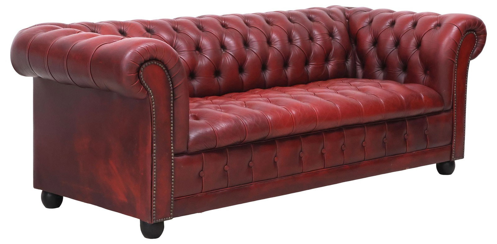 ENGLISH CHESTERFIELD STYLE BUTTONED BURGUNDY LEATHER SOFA (1 of 3)