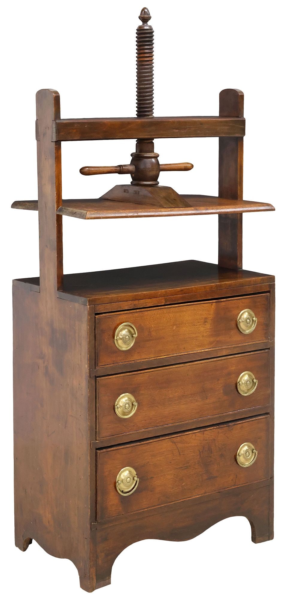 UNUSUAL ENGLISH GEORGIAN MAHOGANY BOOK / LINEN PRESS CHEST: English Georgian mahogany book or linen press, early 19th c., above three drawers, on bracket supports, approx 64.5"h, 26.5"w, 15.5"d **Provenance: Dallas, Texas: When the madness of collecting collid
