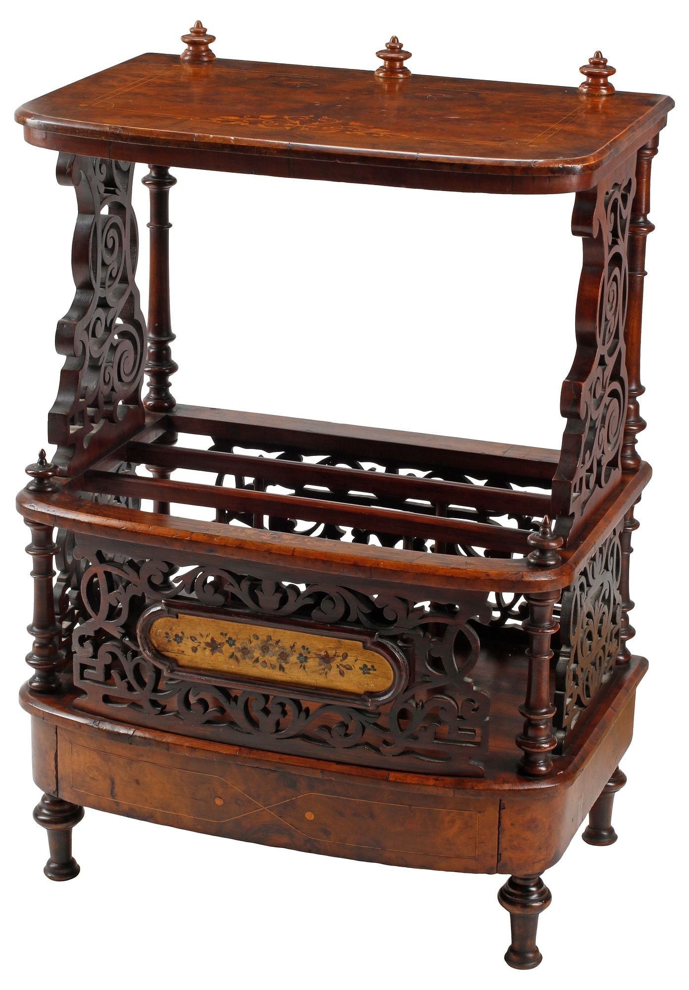ENGLISH VICTORIAN INLAID FRETWORK CANTERBURY / SHEET MUSIC STAND: English Victorian burled walnut canterbury/ sheet music stand, 19th c., having shaped upper shelf with marquetry foliates, over pierced scrolling fretwork uprights and divided compartments, painted fl