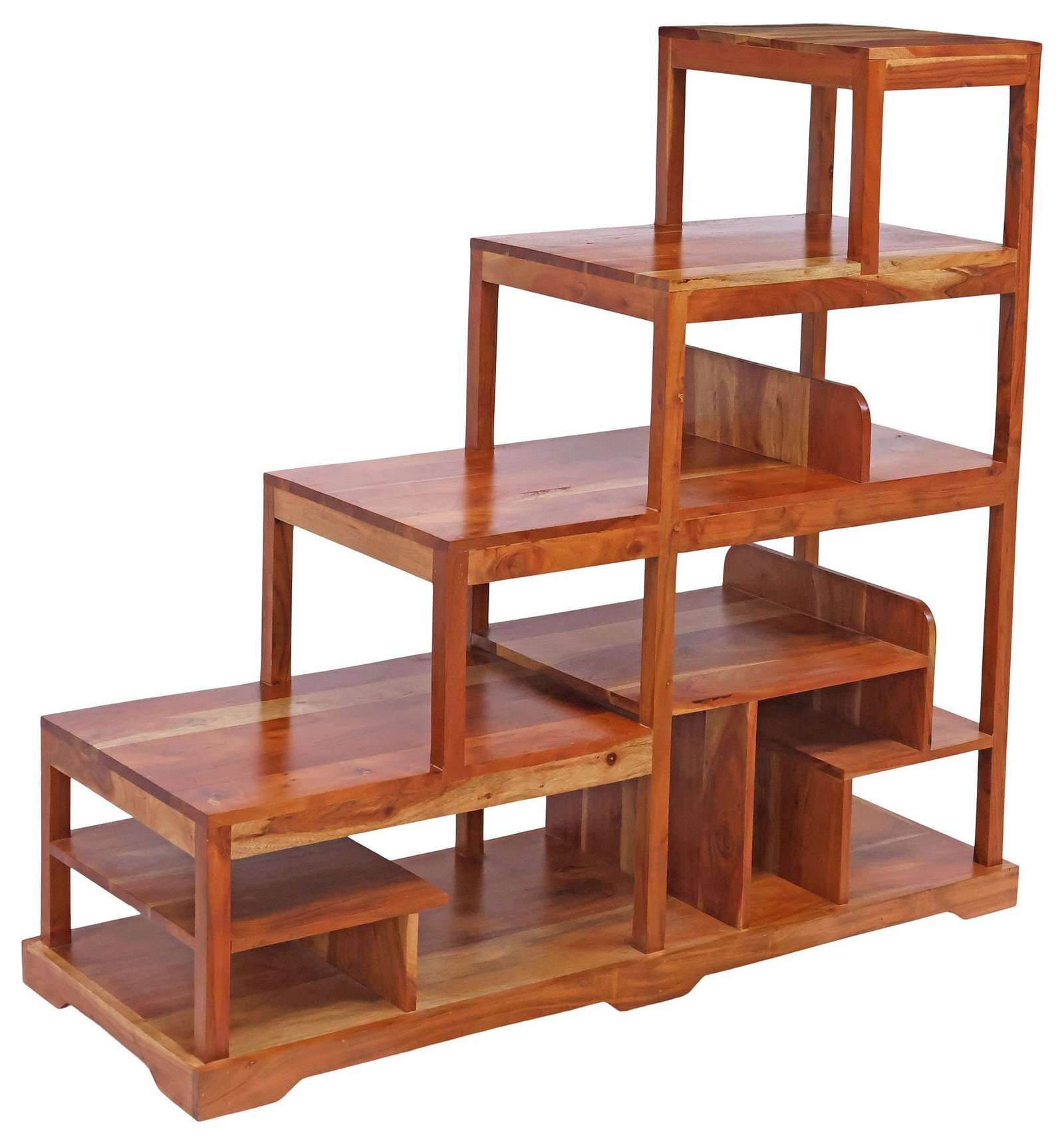 FRENCH BOIS & CHIFFONS EXOTIC WOOD STAIRCASE-FORM BOOKSHELF: French exotic wood stair-form bookshelf or etagere, Bois & Chiffons, late 20th/ 21st c., in the form of a four-step staircase, with shelves and partitions, on bracket feet, retaining maker plaque,