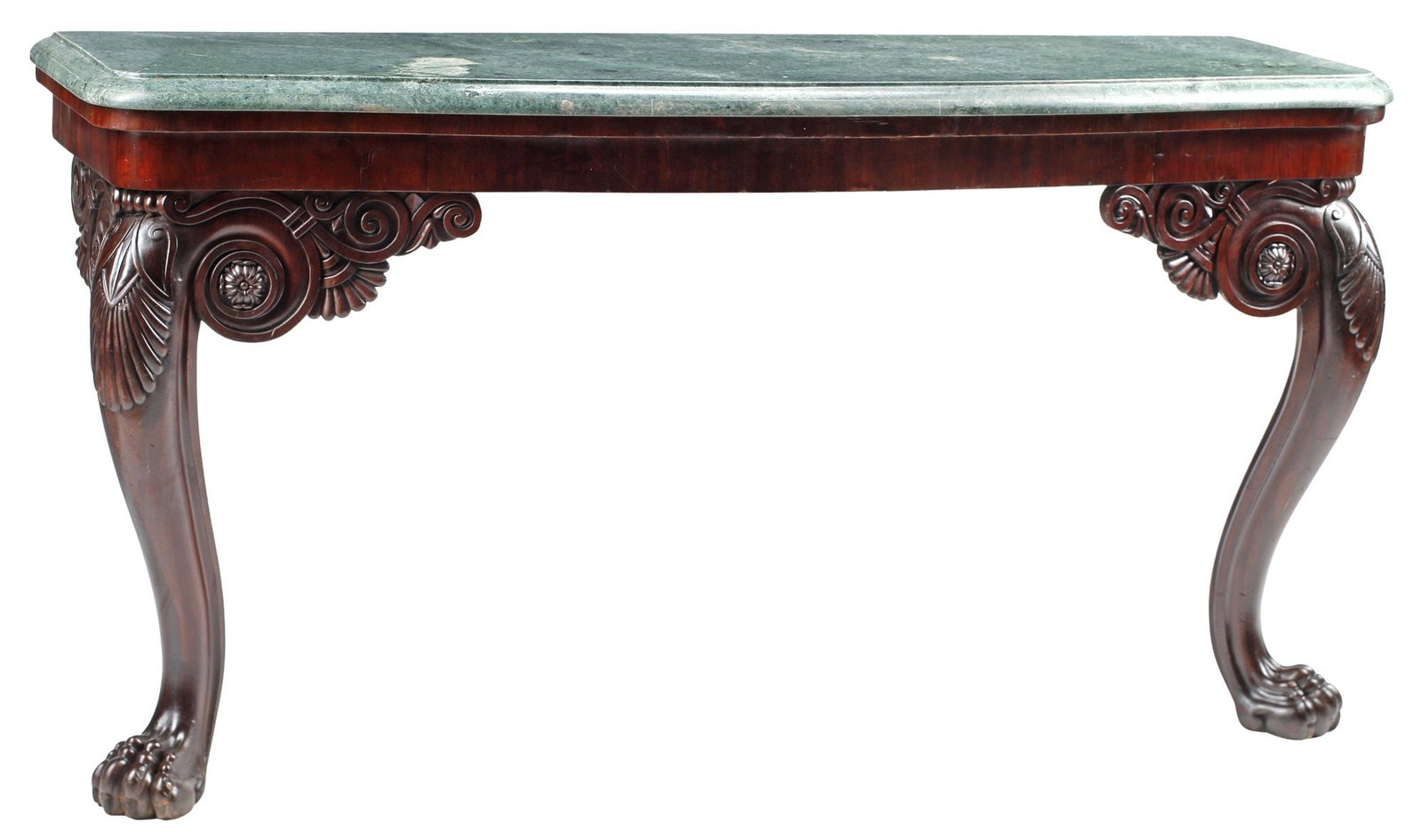 LARGE GEORGE II STYLE MARBLE-TOP CARVED MAHOGANY CONSOLE TABLE: George II style mahogany console table, 19th c., the rectangular green marble top with molded edge, rising on well-carved cabriole supports with shell-carved knees, terminate on paw feet, marble