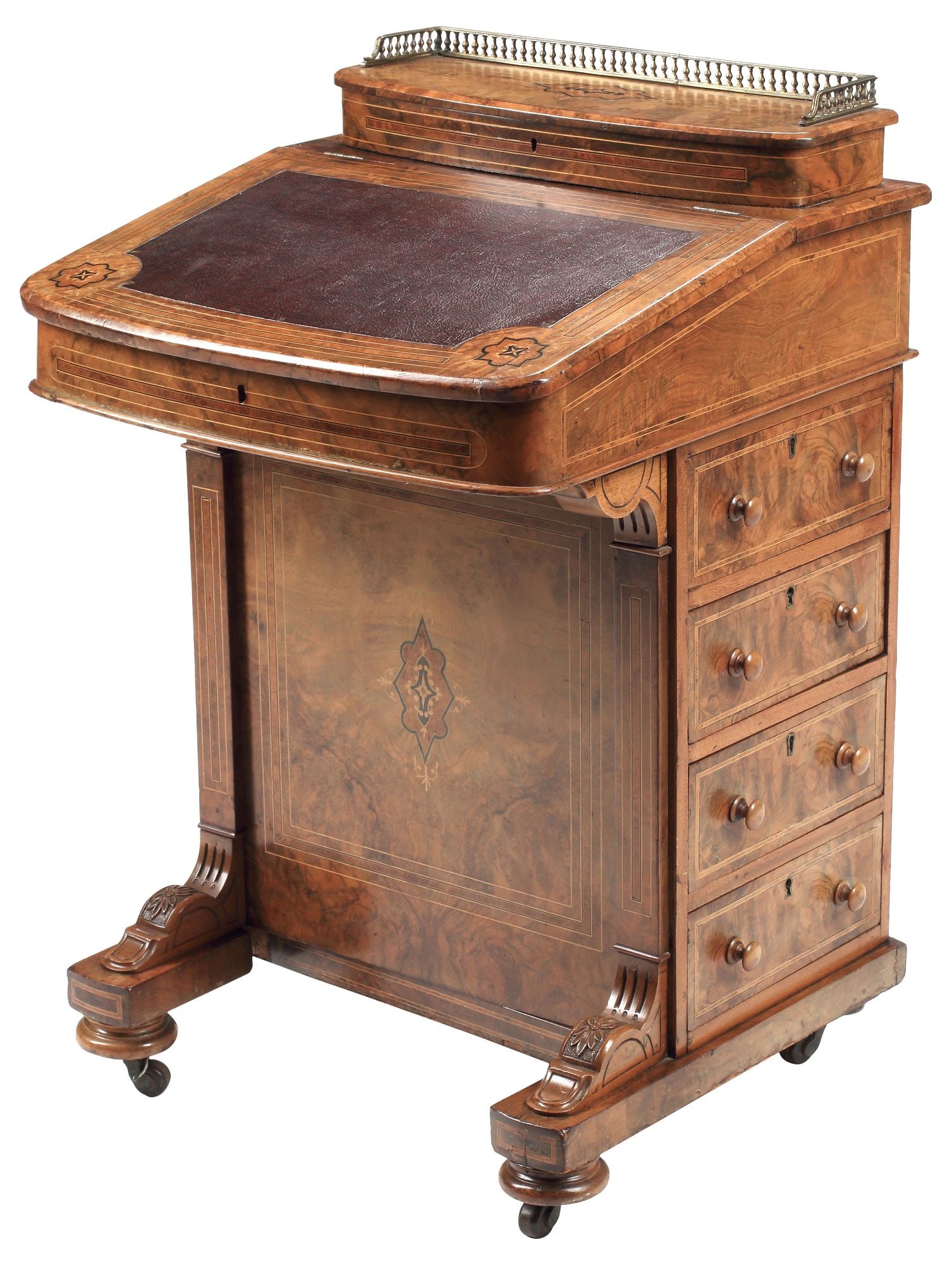 ENGLISH INLAID BURLWOOD DAVENPORT WRITING DESK: English inlaid burlwood Davenport desk, 19th c., having raised three-quarter gallery, above hinged slant-front with later inset writing surface, banded parquetry trim and stringwork inlay, fitted
