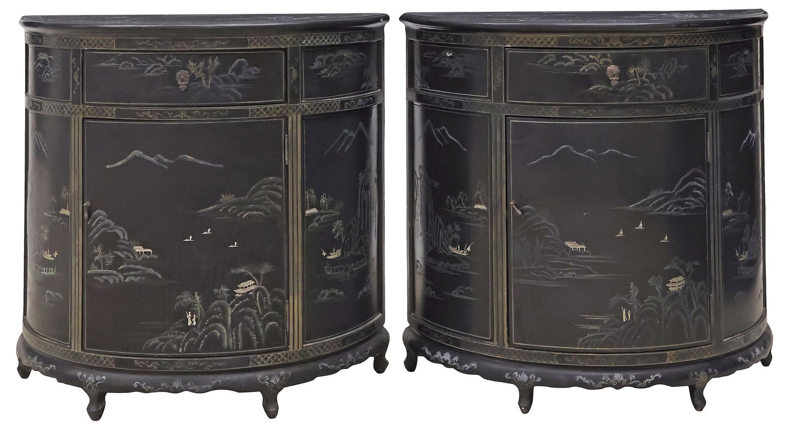 (2) CHINOISERIE PAINT-DECORATED BLACK LACQUER DEMILUNE CABINETS: (pair) Chinoiserie black lacquer cabinets, late 20th c., of demilune form, with painted decoration depicting mountainous waterside landscapes, fitted with single drawer, over cabinet door with interio