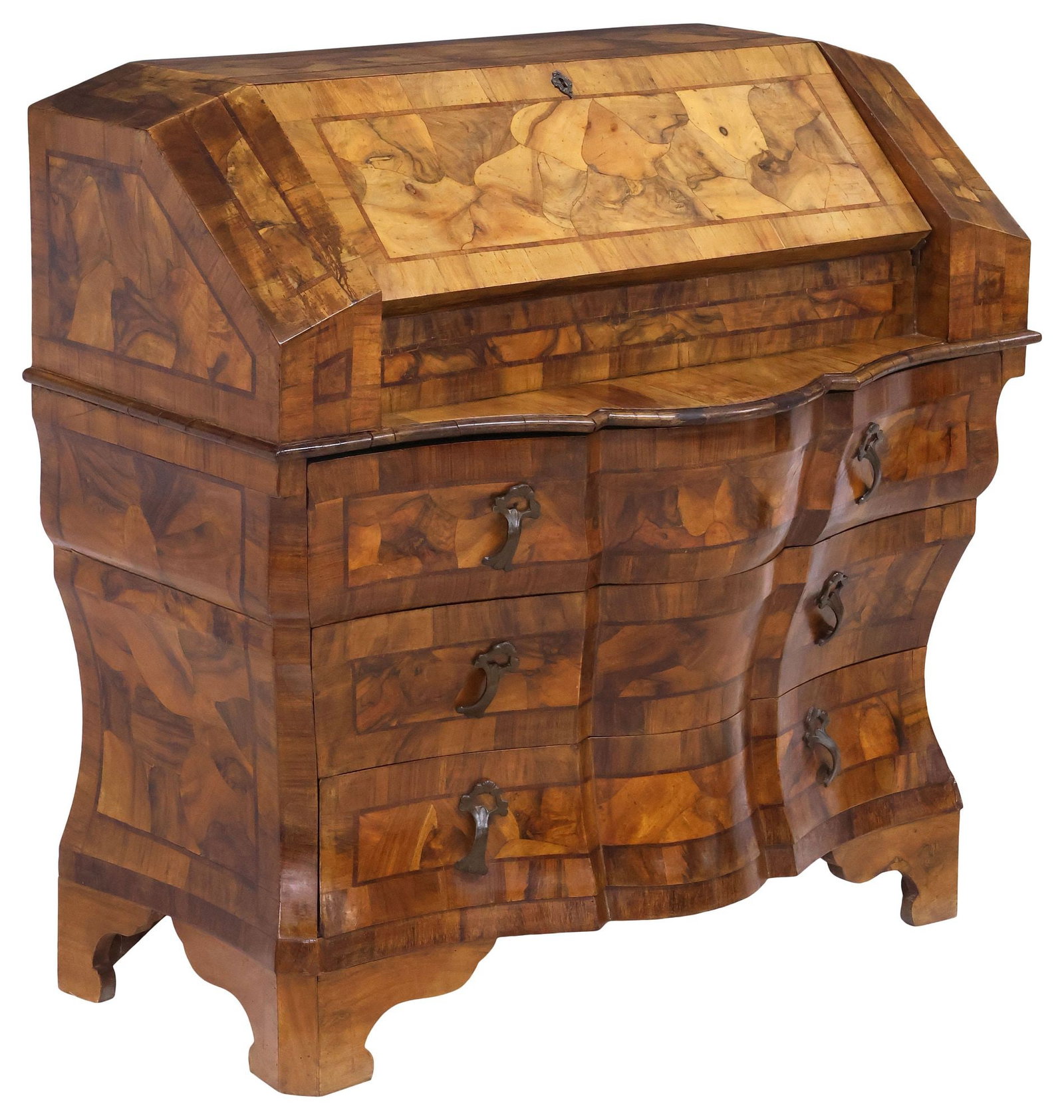 ITALIAN VENETIAN PATCHWORK SLANT-FRONT BOMBE SECRETARY DESK: Italian Venetian patchwork slant-front writing desk, early 20th c., fall-front revealing writing surface and interior gallery, with banded trim and stringwork inlay, over bombe case fitted with three 