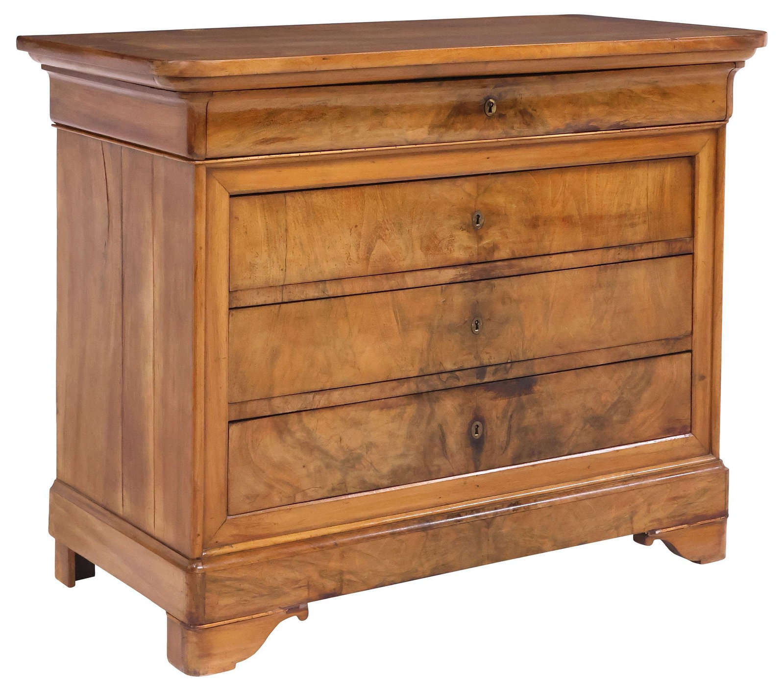 FRENCH LOUIS PHILIPPE PERIOD FIGURED WALNUT 4-DRAWER COMMODE: French Louis Philippe figured walnut commode, mid 19th c., rounded rectangular top, over ogee frieze drawer, and three additional drawers, on bracket feet, approx 37.5"h, 47.75"w, 22.5"d