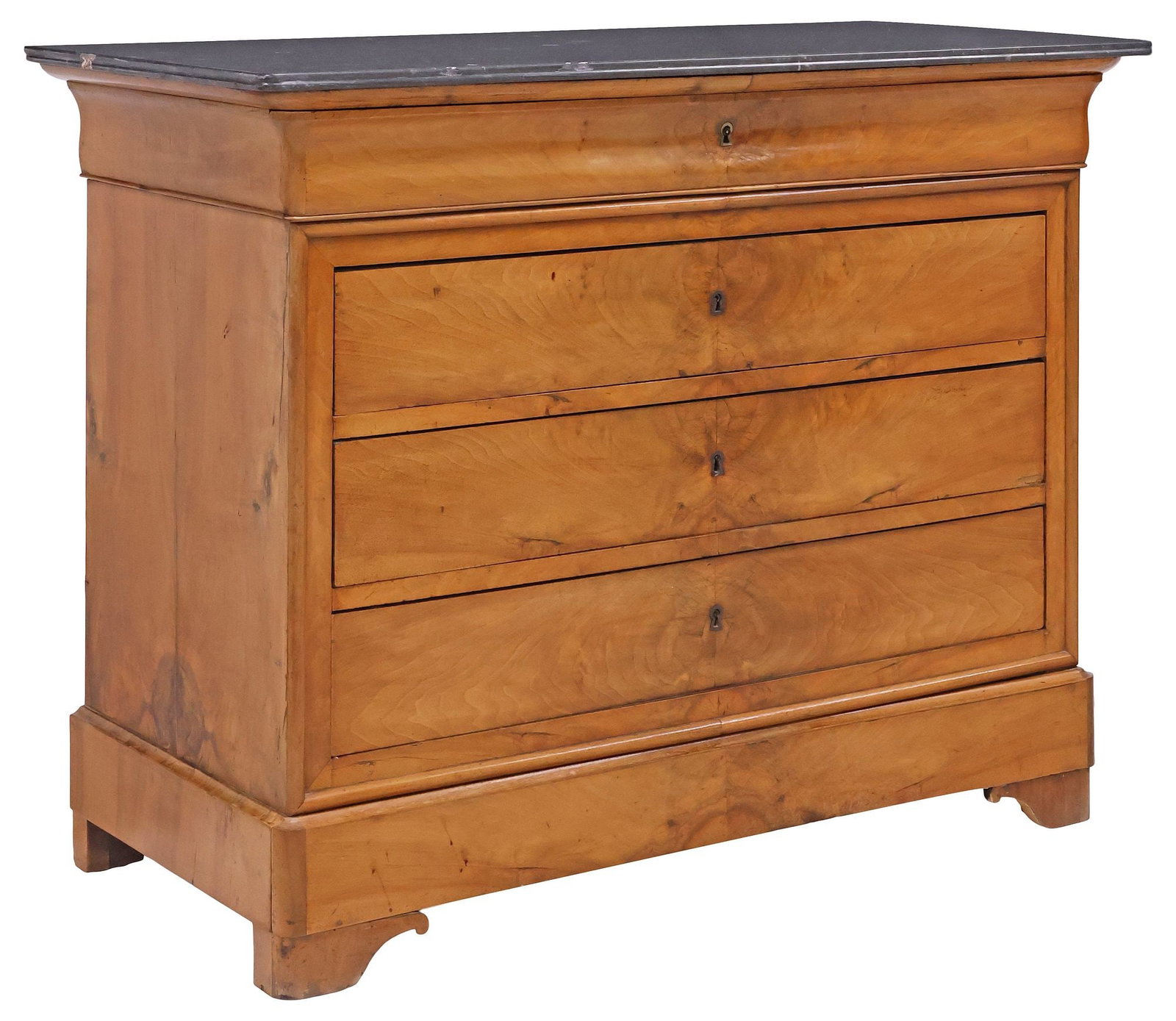 FRENCH LOUIS PHILIPPE PEROOD MARBLE-TOP BURLED WALNUT COMMODE: French Louis Philippe figured walnut commode, mid 19th c., rectangular marble top, over four drawers, rising on bracket feet, approx 40"h, 51.25"w, 23.75"d