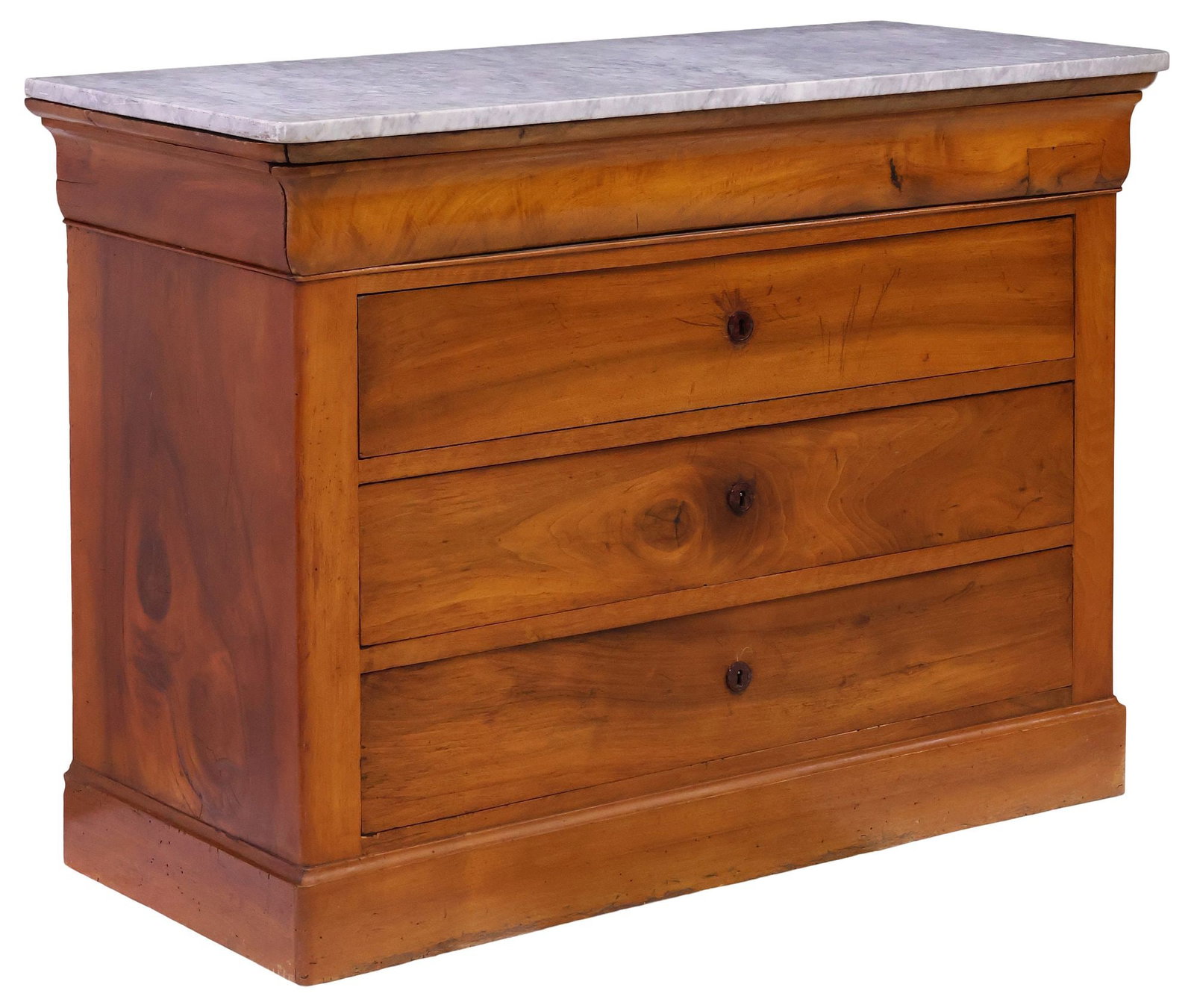 FRENCH LOUIS PHILIPPE PERIOD MARBLE-TOP FRUITWOOD COMMODE: French Louis Philippe period fruitwood commode, mid 19th c., having marble top, over ogee frieze drawer and three standard drawers, on platform base, patched repair to frieze drawer at right side,