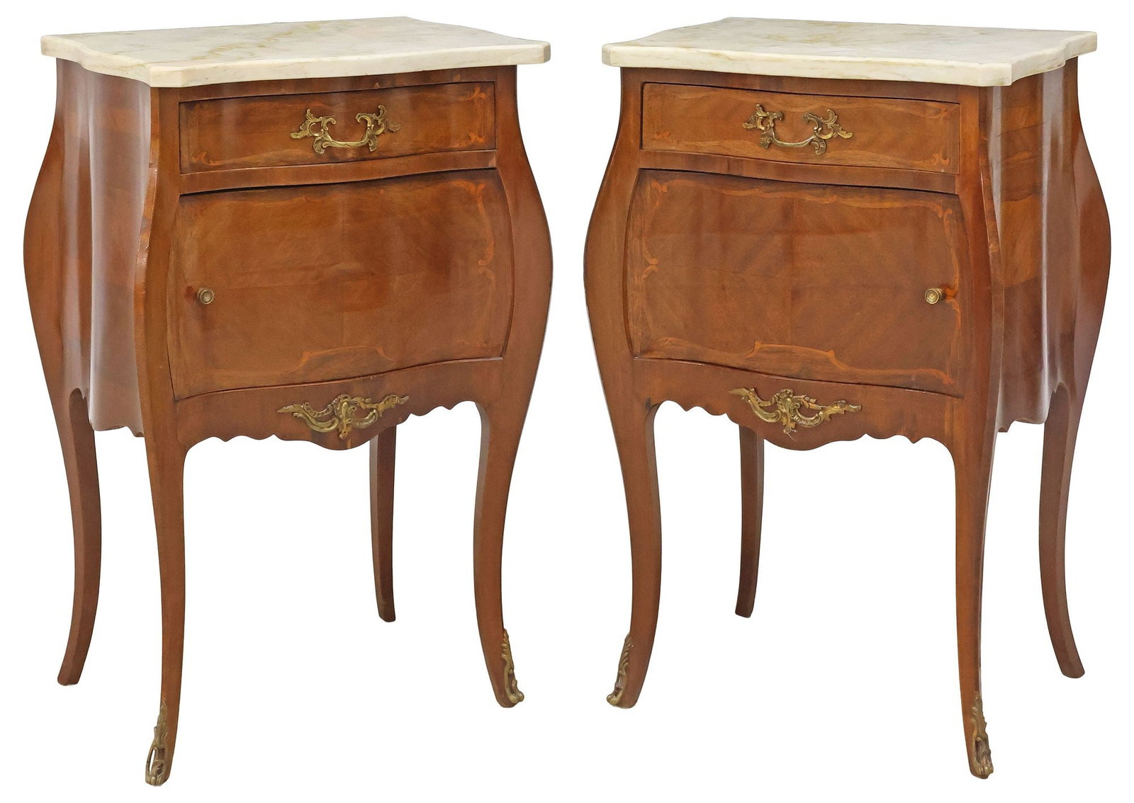 (2) LOUIS XV STYLE MARBLE-TOP INLAID MATCHED-VENEER BEDSIDE CABINETS: (pair) Louis XV style matched veneer nightstands, 20th c., each with shaped marble top, over single drawer and cabinet door, with scrolling foliate marquetry, cabriole legs, ending on sabots, approx 2
