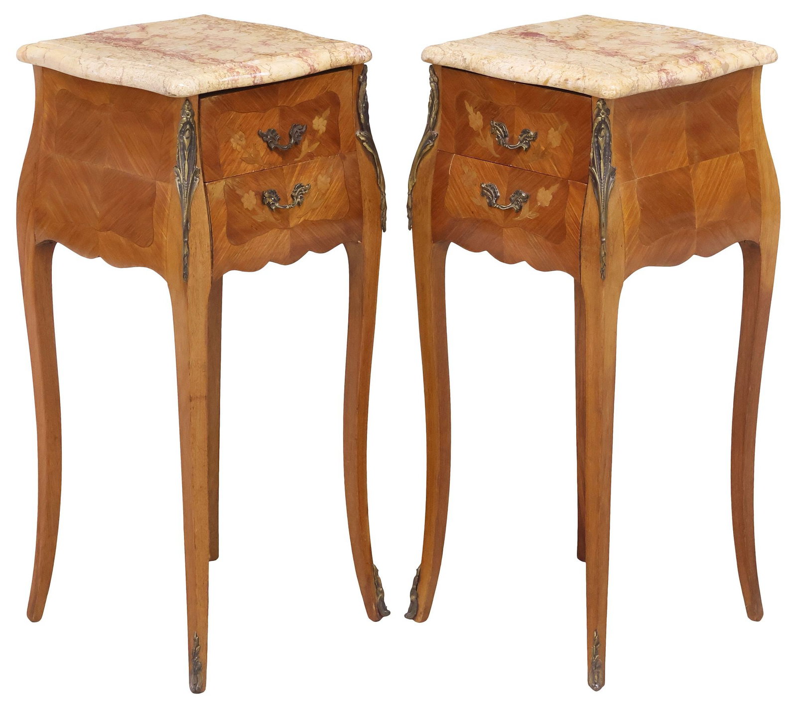 (2) FRENCH LOUIS XV STYLE MARBLE-TOP MATCHED-VENEER NIGHTSTANDS: (pair) French Louis XV style inlaid matched-veneer nightstands, 20th c., each with shaped marble top, over two drawers, with foliate marquetry, rising on cabriole legs, ending on sabots, approx