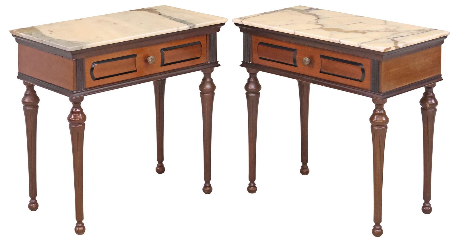 (2) ITALIAN LOUIS XVI STYLE MARBLE-TOP MAHOGANY NIGHTSTANDS: (pair) Italian Louis XVI style mahogany bedside cabinets, 20th c., each with rectangular marble top, over single drawer with parcel-ebonized paneling, rising on turned and fluted legs, marble in a