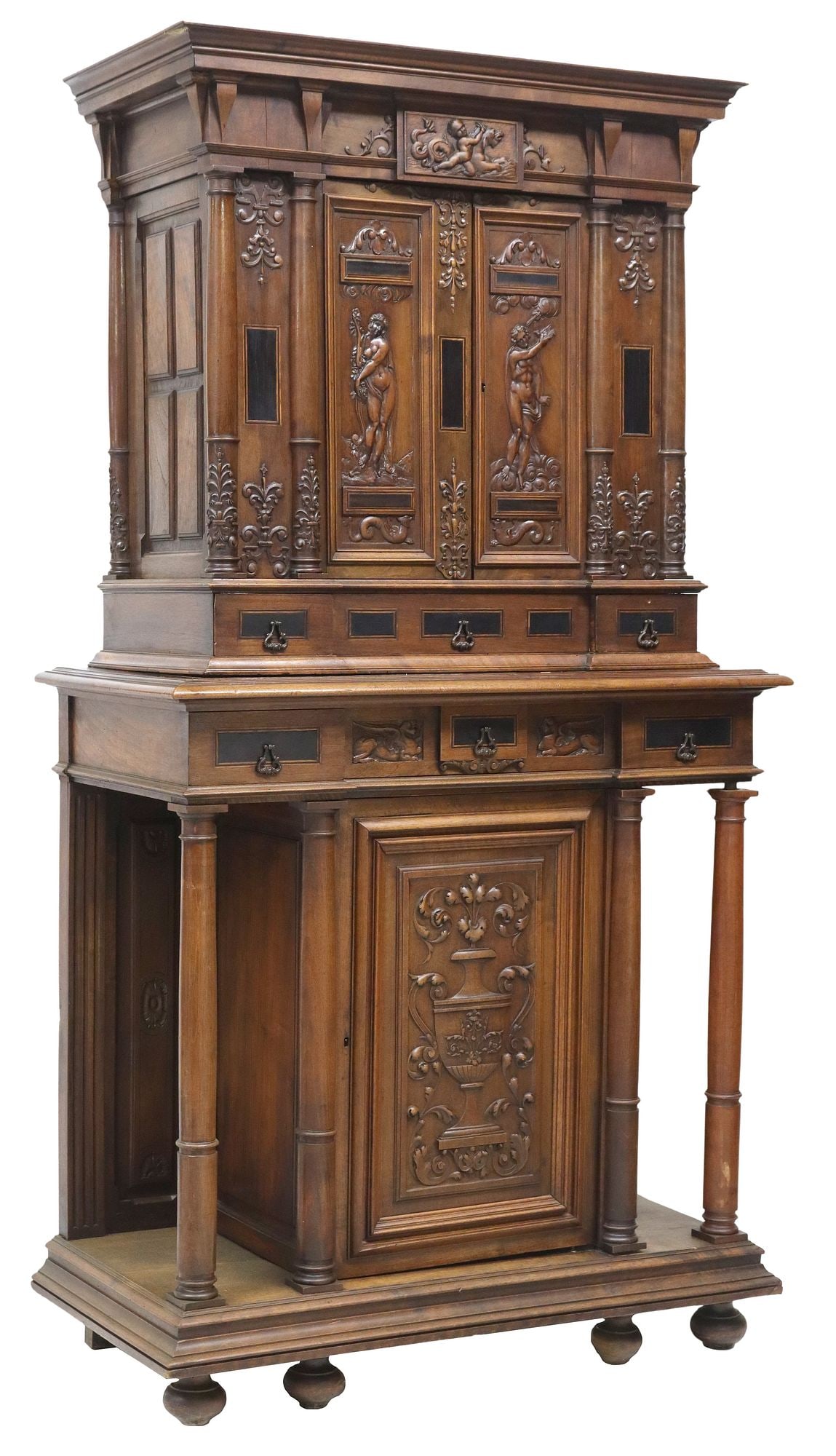FRENCH RENAISSANCE REVIVAL CARVED WALNUT SIDEBOARD: French Renaissance Revival carved walnut buffet deux corps, 19th c., upper case having molded cornice, over dual cabinet doors with carved allegorical figures, opening to shelved interior, over three 