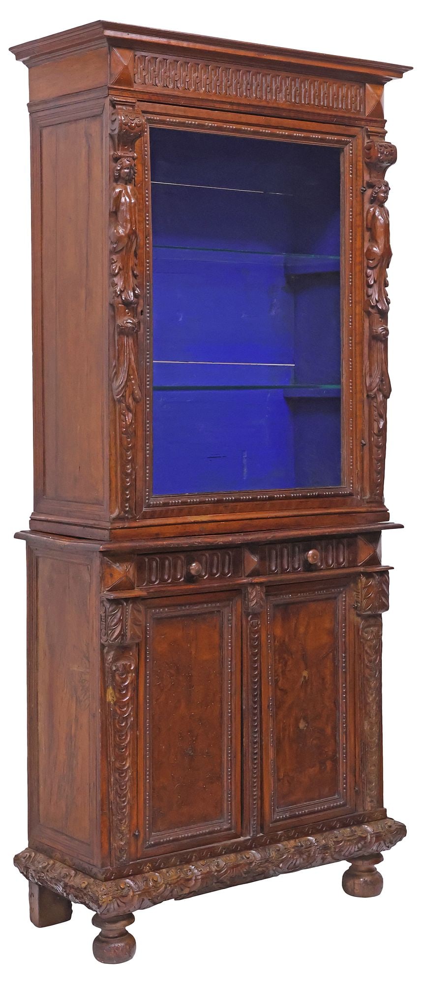 ITALIAN RENAISSANCE REVIVAL CARVED WALNUT GLAZED DISPLAY CABINET (1 of 5)
