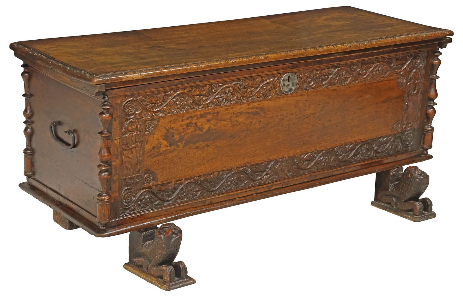 RUSTIC SPANISH CHIP CARVED WALNUT STORAGE TRUNK, 18TH / 19TH C.: Rustic Spanish carved walnut storage chest/ coffer, 18th/ 19th c., hinged top with incised trim, enclosing open interior storage and covered side till, front facade with chip-carved birds and