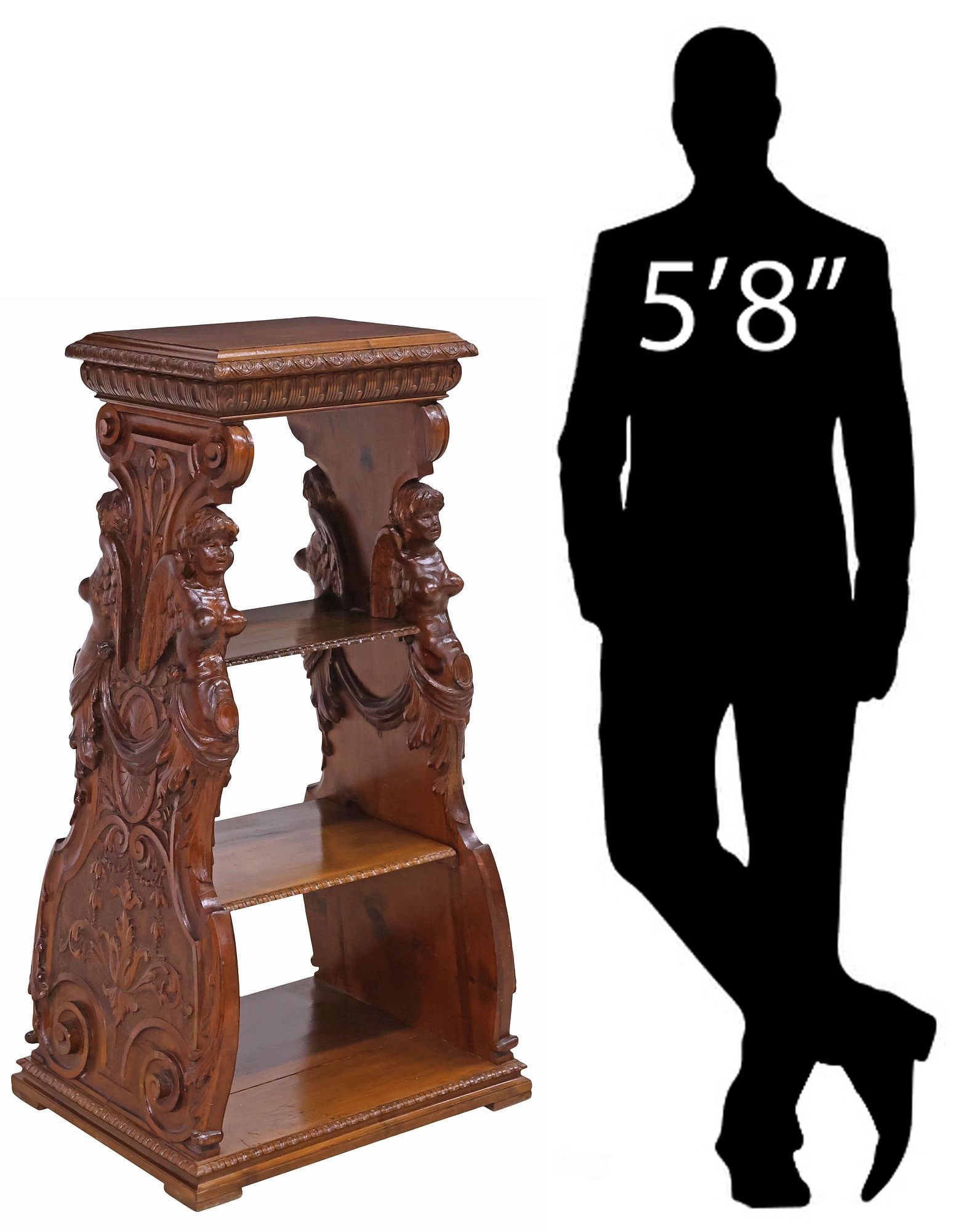 ITALIAN RENAISSANCE REVIVAL CARVED WALNUT 3-TIER PEDESTAL STAND: Italian Renaissance Revival carved walnut pedestal/ display stand, late 19th c., having rectangular top with scalloped trim, rising on scrolled trestle supports with figural winged caryatids, joined