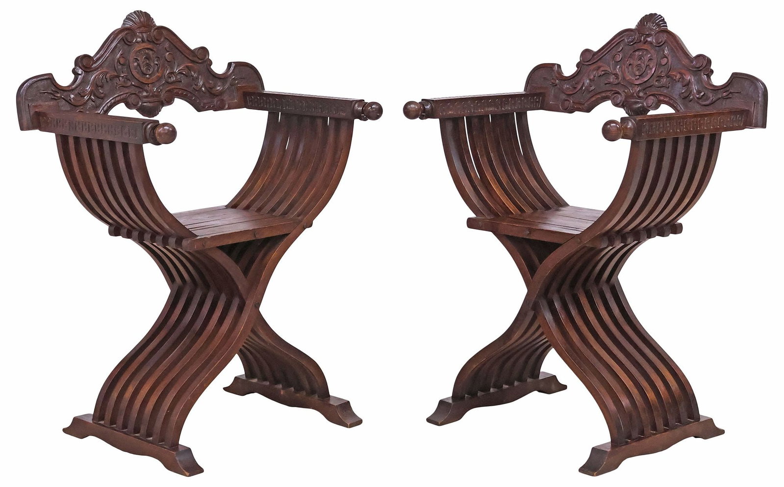 (2) ITALIAN RENAISSANCE REVIVAL WALNUT SAVONAROLA CURULE CHAIRS (1 of 5)