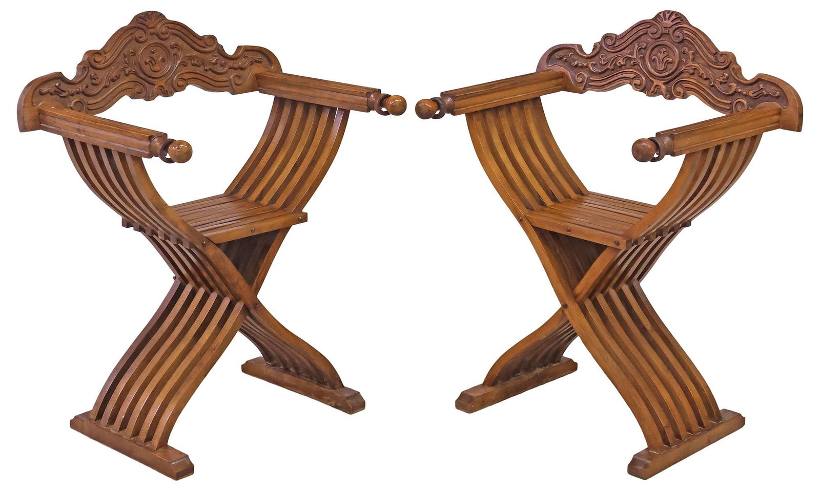 (2) ITALIAN RENAISSANCE REVIVAL WALNUT SAVONAROLA CURULE CHAIRS (1 of 5)