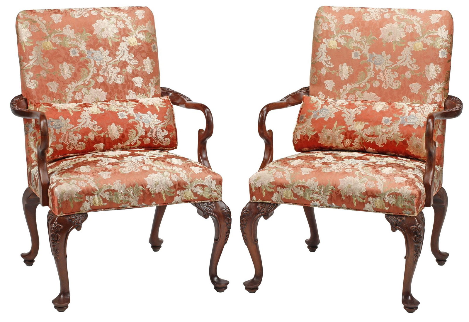 (2) SOUTHWOOD FURNITURE QUEEN ANNE STYLE SILK-UPHOLSTERED ARMCHAIRS: (pair) Queen Anne style mahogany armchairs, Southwood Furniture Company, Hickory, North Carolina, 21st c., from the "Connoisseur" collection, each in floral silk jacquard upholstery, rising on