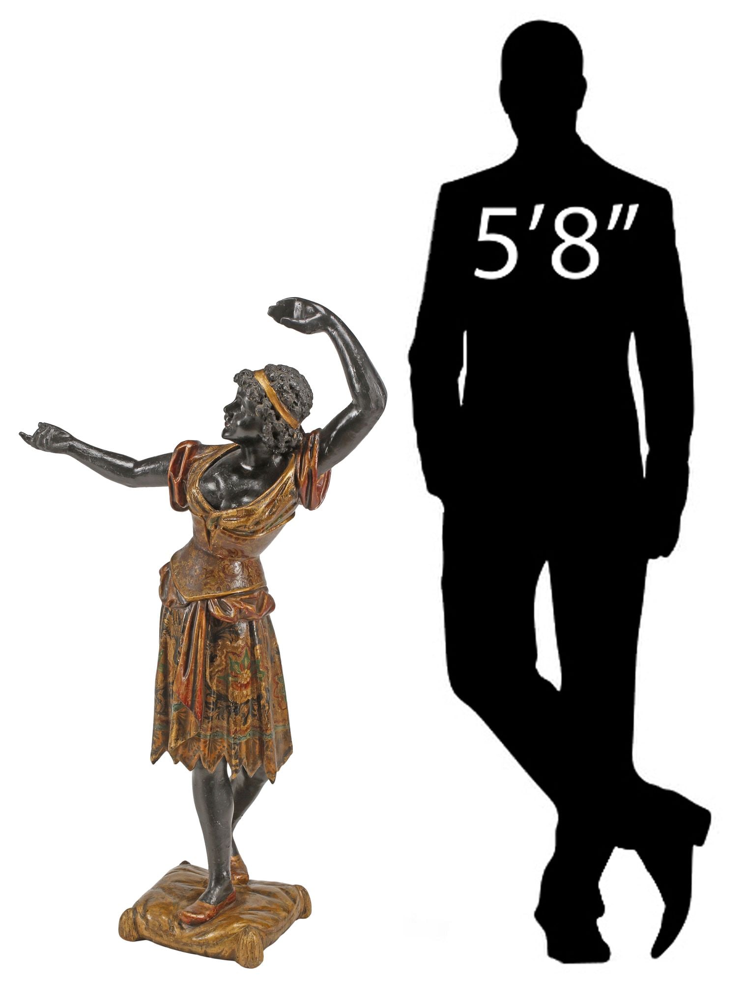 LARGE VENETIAN POLYCHROME-PAINTED & EBONIZED FEMALE FIGURE, 44"H: Large Venetian ebonized and polychrome-painted figure, 19th c., modeled as a dancing woman in Moorish style dress, standing atop a tufted pillow, approx 44"h, 25"w, 10.5"d, 23.75lbs