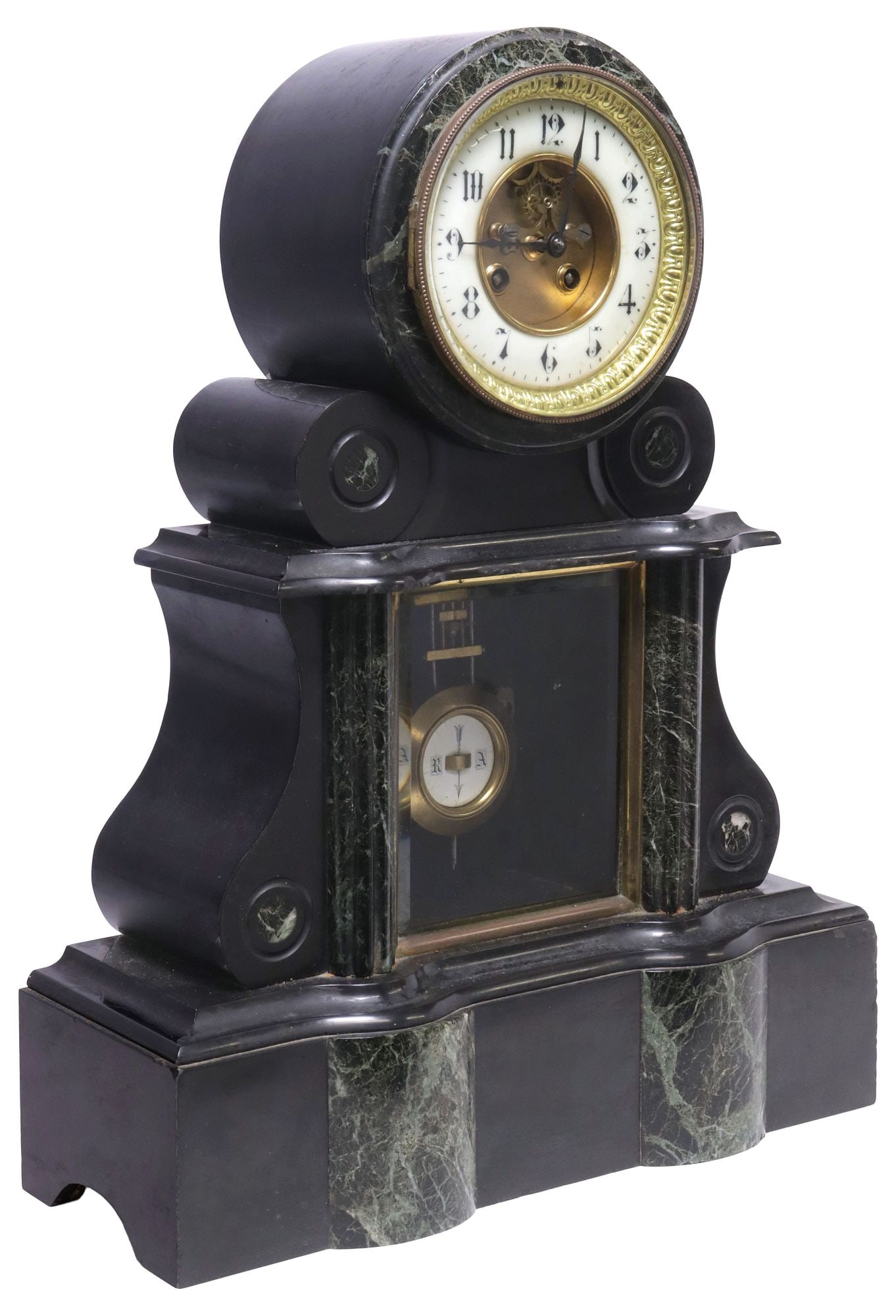 FRENCH NAPOLEON III SLATE & GREEN MARBLE ARCHITECTURAL MANTEL CLOCK: French Napoleon III period slate and green marble mantel clock, 19th c., architectural case with drumhead top, encasing gilt-metal dial with open escapement, porcelain chapter ring with Arabic hour