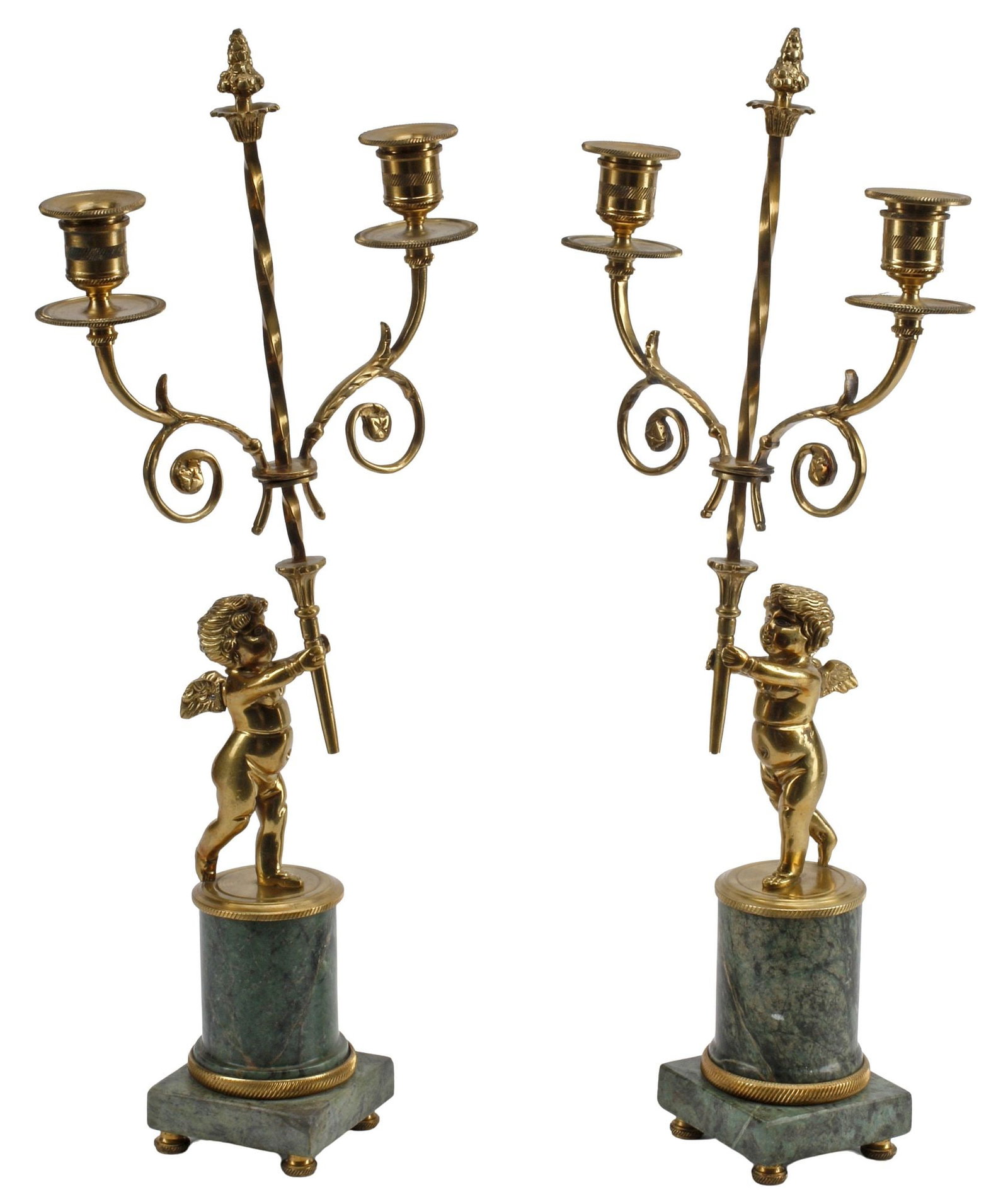(2) EMPIRE STYLE ORMOLU & MARBLE FIGURAL 2-LIGHT CANDELABRA: (pair) Empire style gilt-bronze two-light candelabra, each modeled as a winged putto standing above a marble base, approx 19"h, 8"w, 3"d, 10lbs total