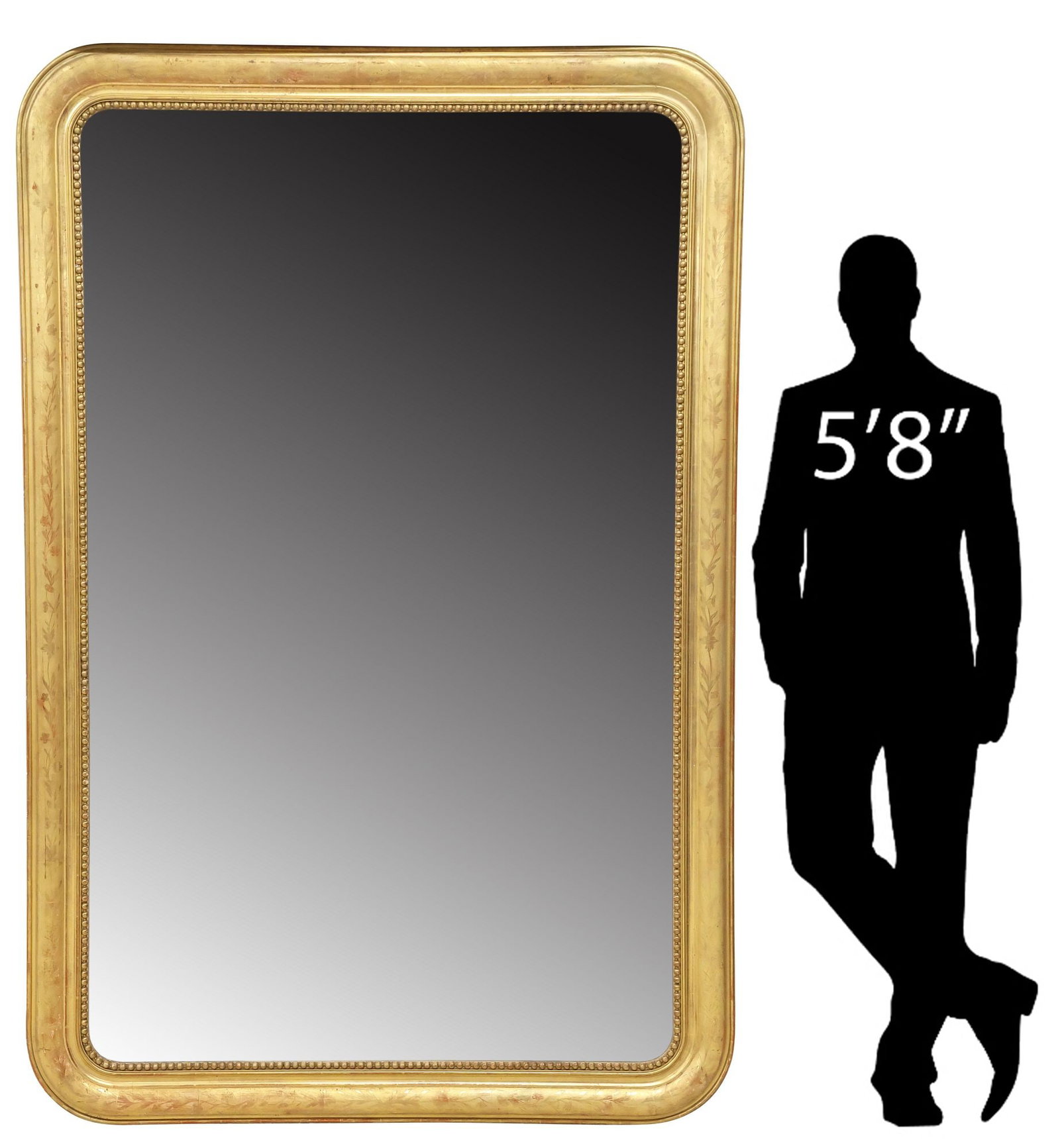 LARGE FRENCH LOUIS PHILIPPE PERIOD INCISED GILTWOOD MIRROR, 82"H: Monumental French Louis Philippe giltwood mirror, mid 19th c., having arched frame with incised foliates, and beaded trim, encasing flat mirror plate, approx 82"h, 54.5"w, 145lbs
