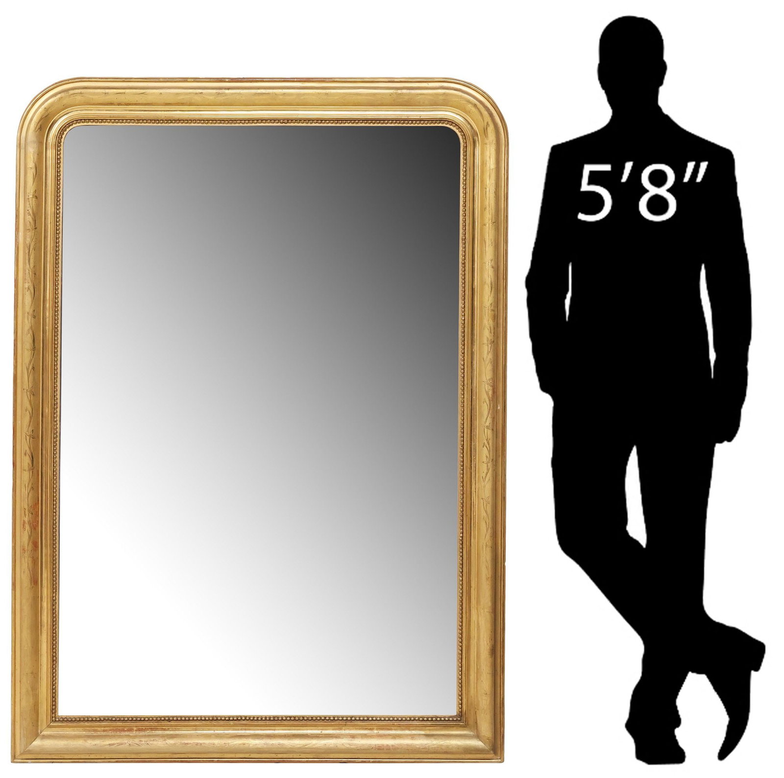 FRENCH LOUIS PHILIPPE PERIOD INCISED GILTWOOD MIRROR, 62"H: French Louis Philippe giltwood mirror, mid 19th c., having arched frame with incised foliates and beaded trim, encasing flat mirror plate, approx 62"h, 45"w, 97lbs