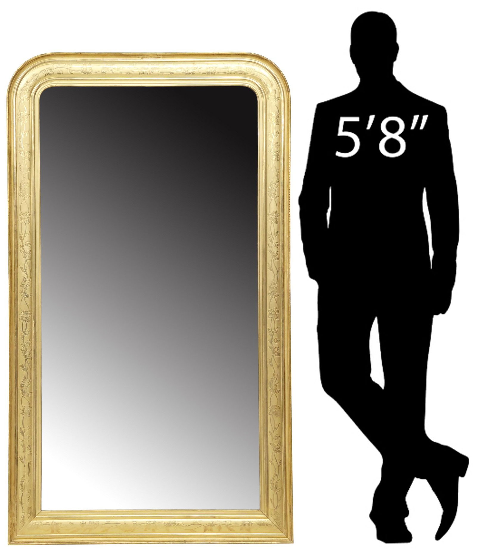 FRENCH LOUIS PHILIPPE PERIOD INCISED GILTWOOD MIRROR, 59.5"H: French Louis Philippe giltwood mirror, mid 19th c., arched frame with incised scrolling foliates, encasing flat mirror plate, approx 59.5"h, 34.5"w, 54.5lbs