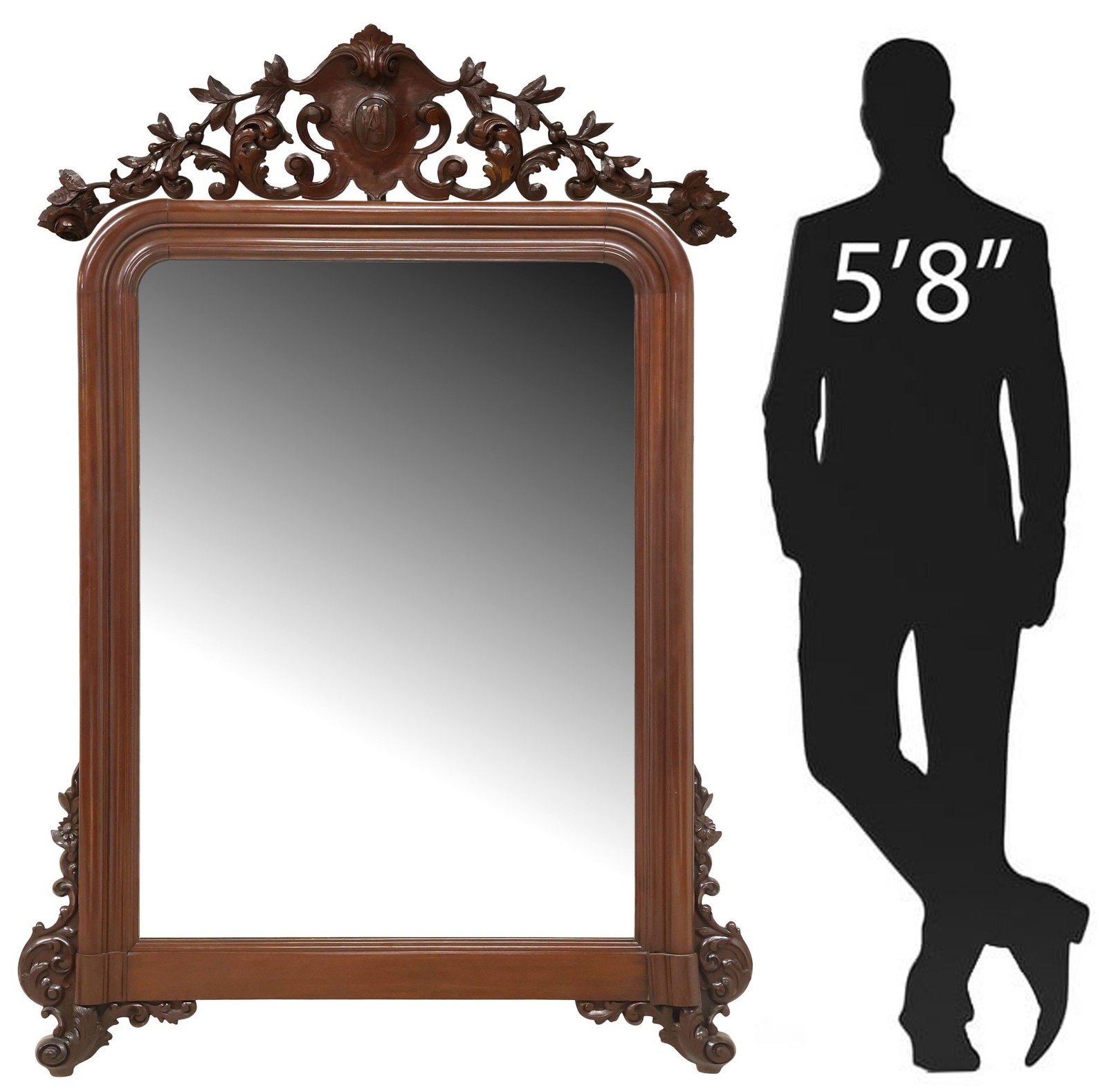FRENCH LOUIS PHILIPPE PERIOD PAINTED & CARVED MAHOGANY MIRROR: French Louis Philippe mahogany mirror, mid 19th c., openwork scrolled crest with central cartouche monogrammed NCA, over arched frame with molded trim, encasing flat mirror plate with painted floral m
