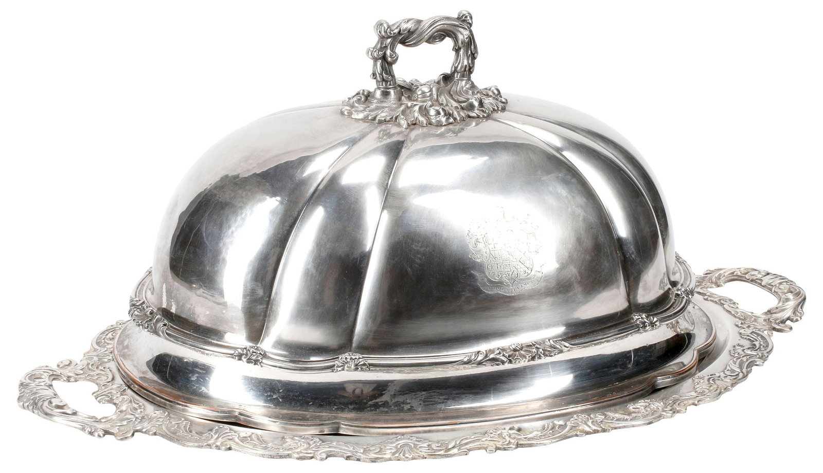 LARGE AMERICAN SILVERPLATE MEAT PLATTER & DOME WITH HERALDIC CREST (1 of 9)