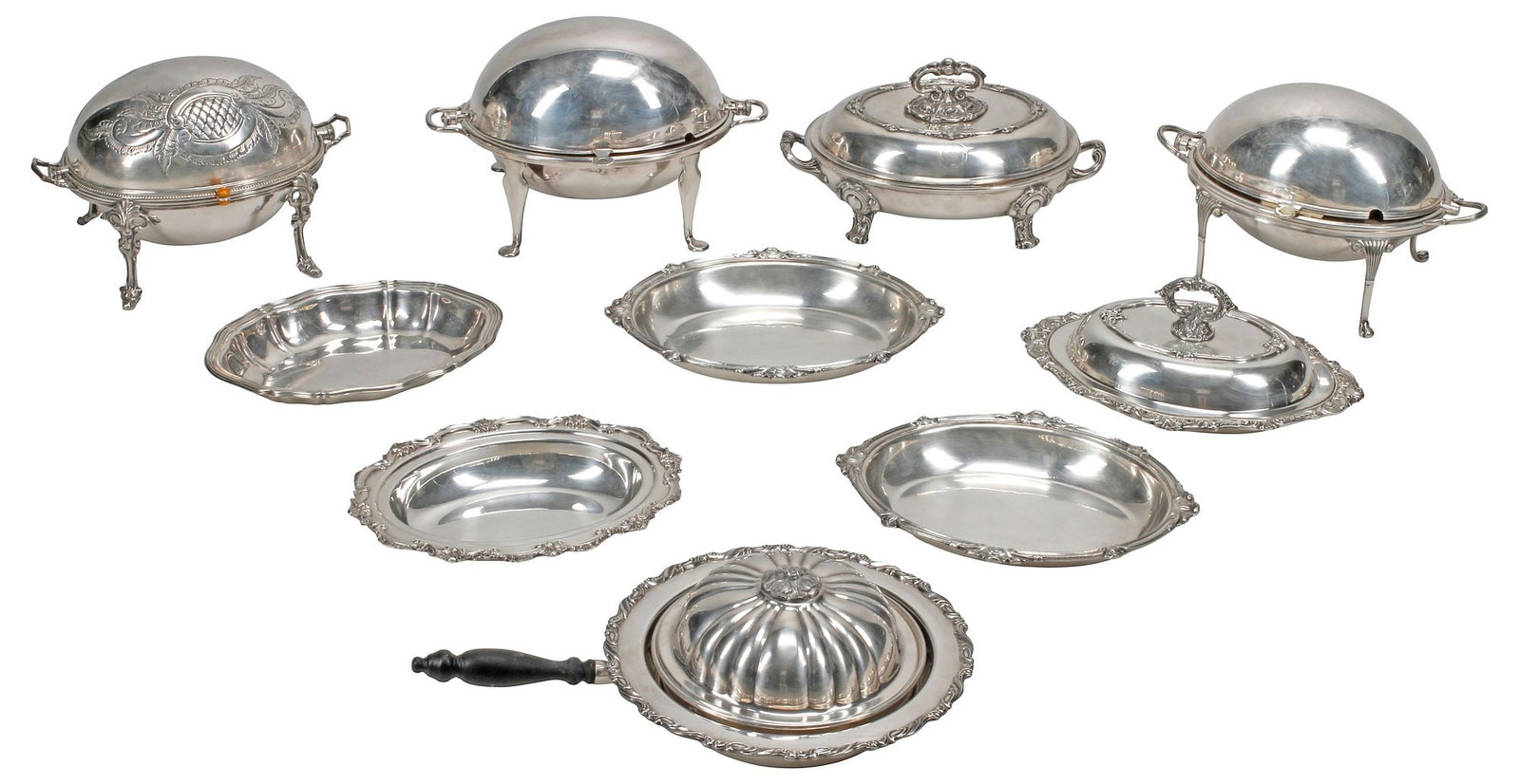 (10) SILVERPLATE SERVING BOWLS, CHAFING DISHES & COVERED CASSEROLE: (lot of 10) Silverplate serving dishes, including: (3) dome-top chafing dishes, (one) marked Pearce and Sons, (one) marked EPNS made in England, (4) oval serving bowls, (2) covered casserole dishes, (