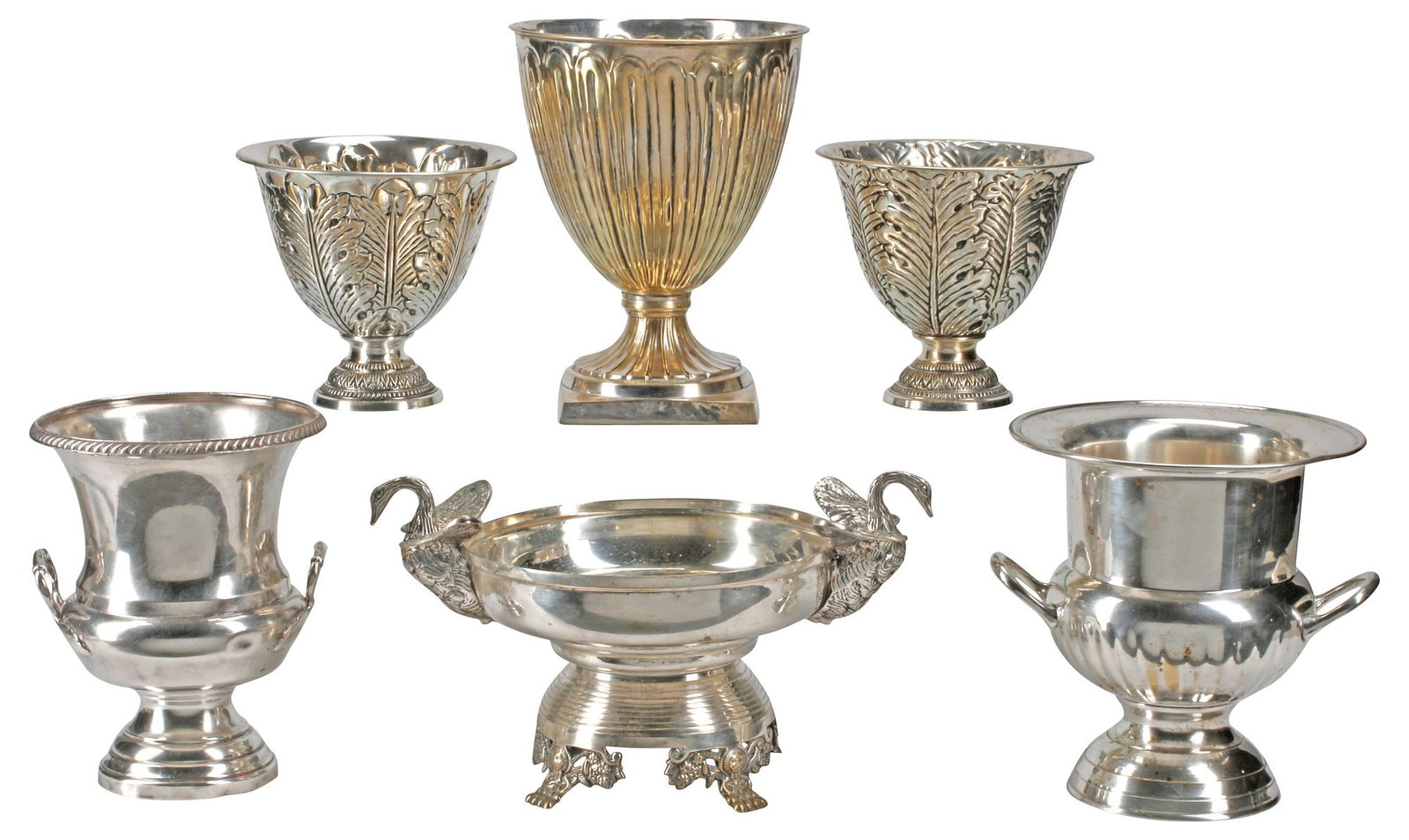 (6) SILVERPLATE ICE BUCKETS, FOOTED URNS & SWAN CENTERPIECE BOWL (1 of 6)